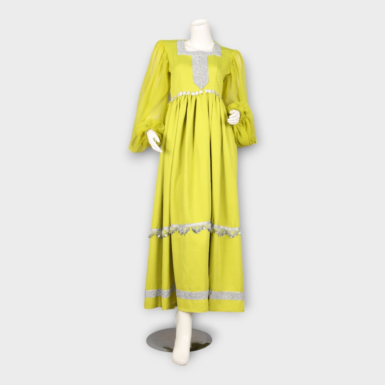 Light Green Traditional Afghan Dress with Silver Embellishments