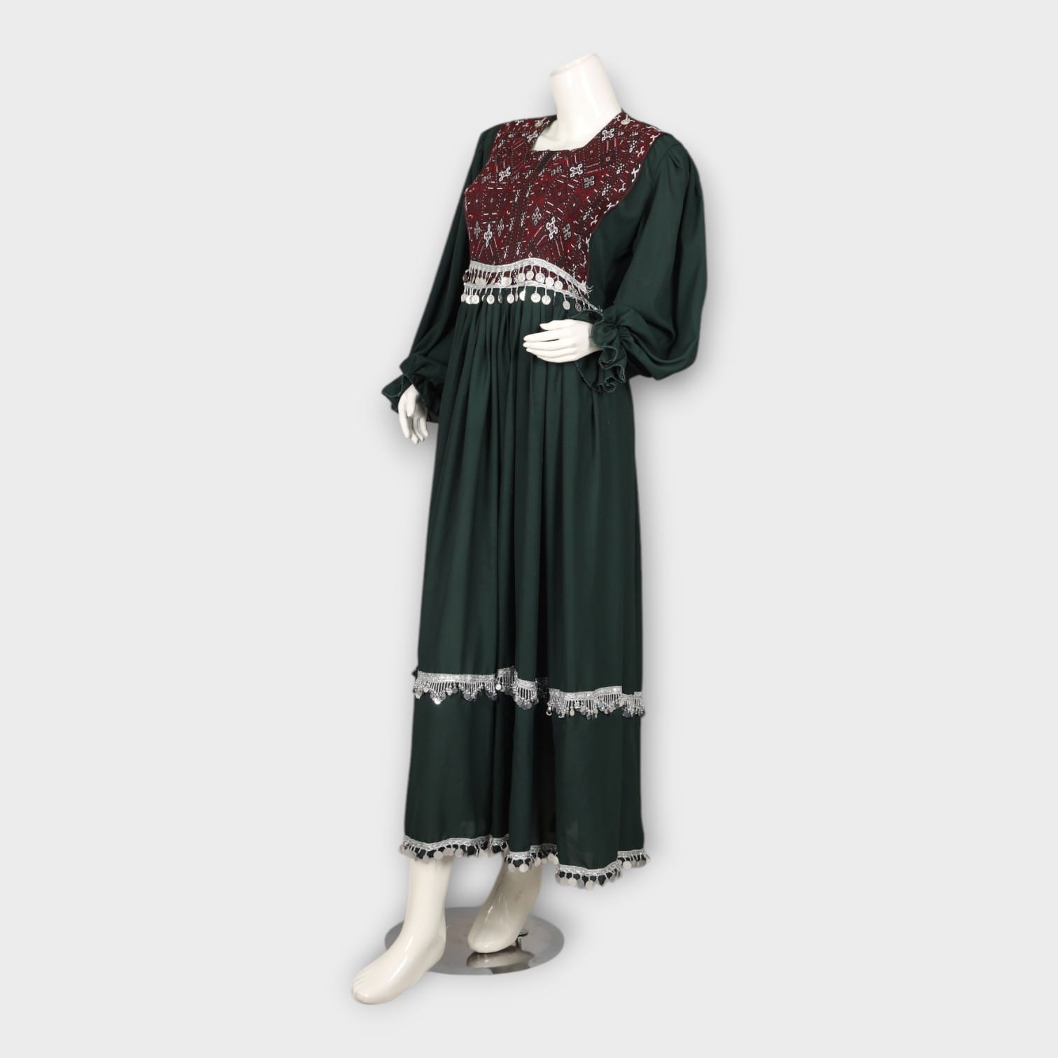 Dark Green Traditional Afghan Dress with Maroon Embroidered Bodice