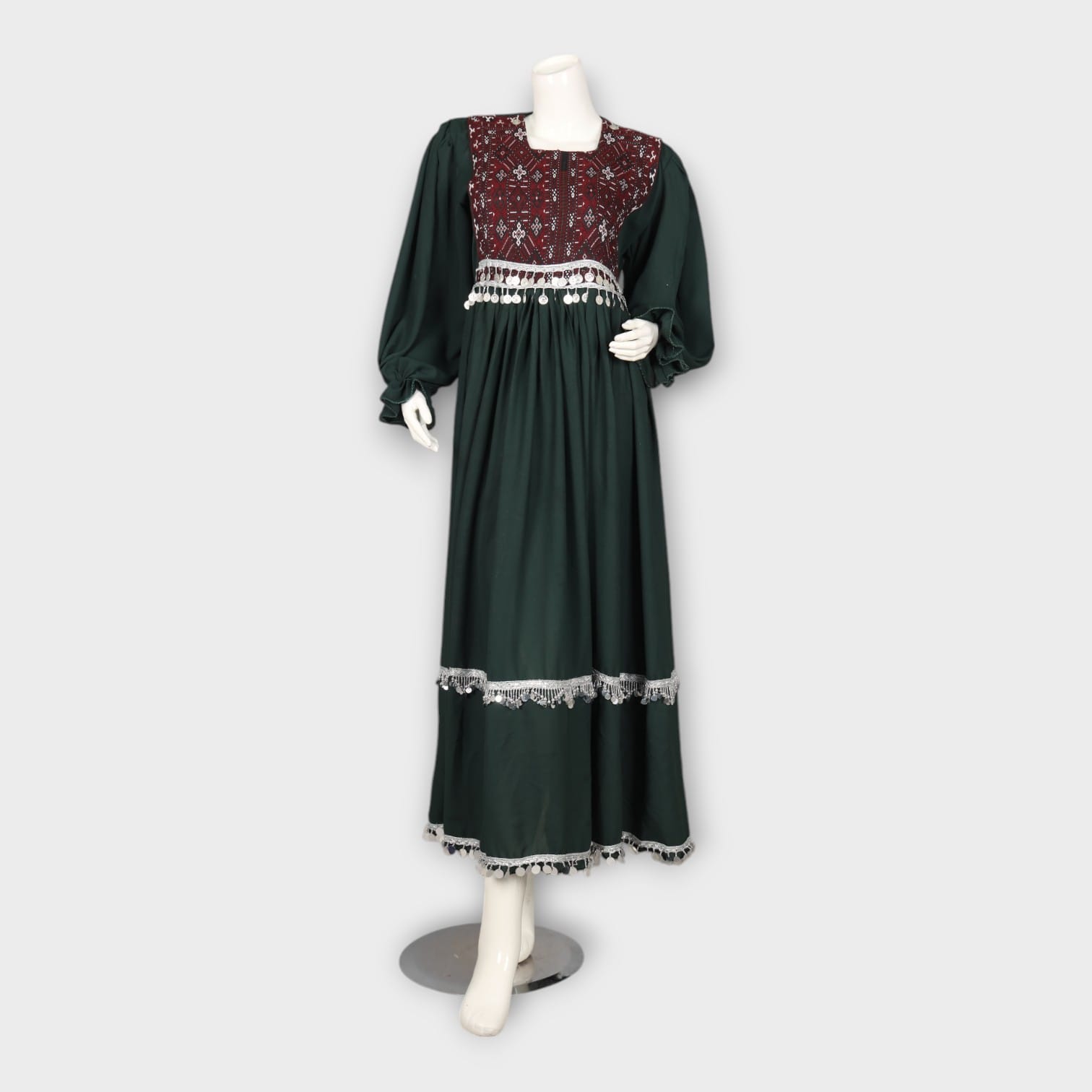 Dark Green Traditional Afghan Dress with Maroon Embroidered Bodice