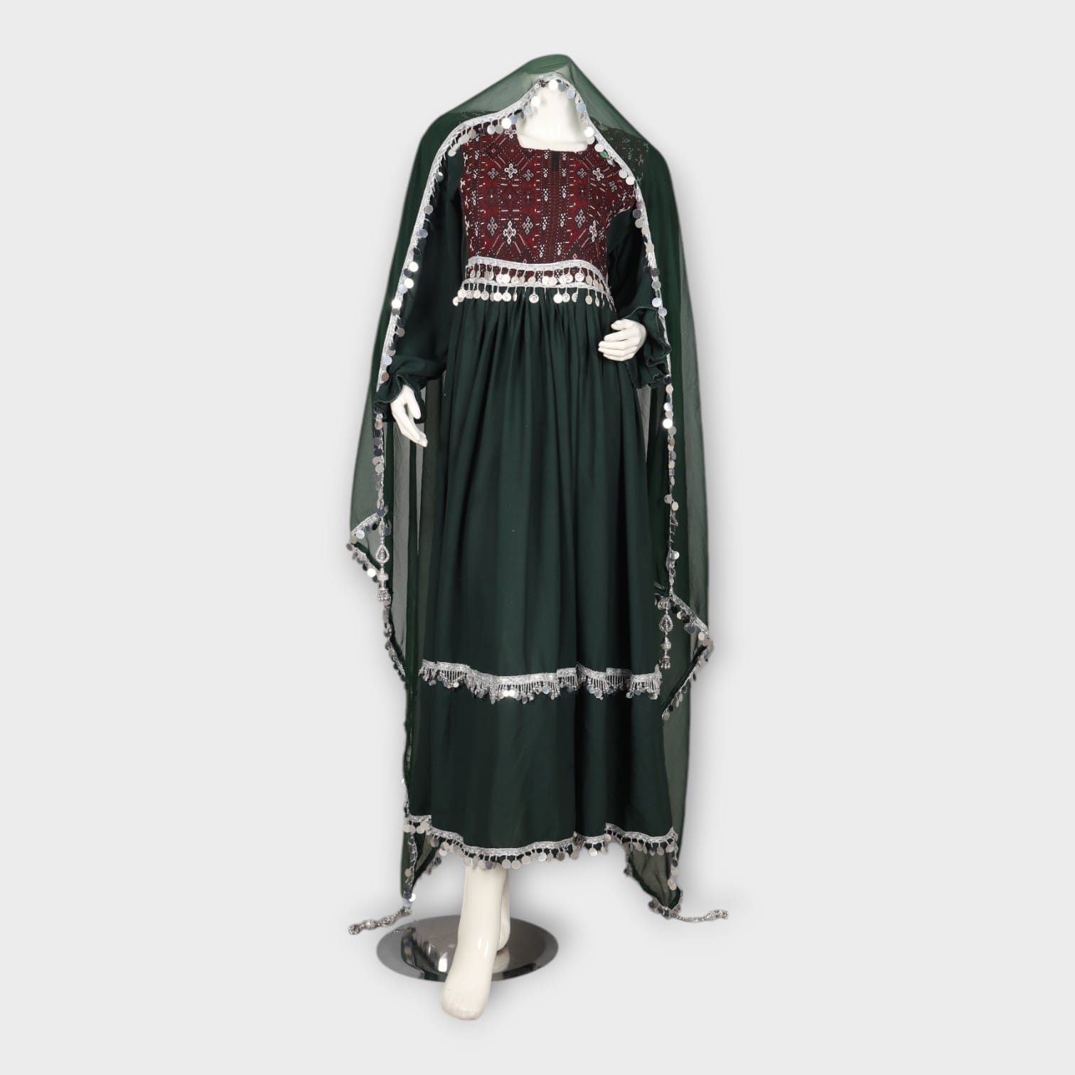 Dark Green Traditional Afghan Dress with Maroon Embroidered Bodice