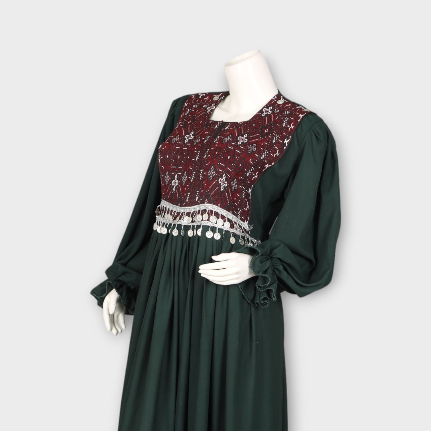 Dark Green Traditional Afghan Dress with Maroon Embroidered Bodice