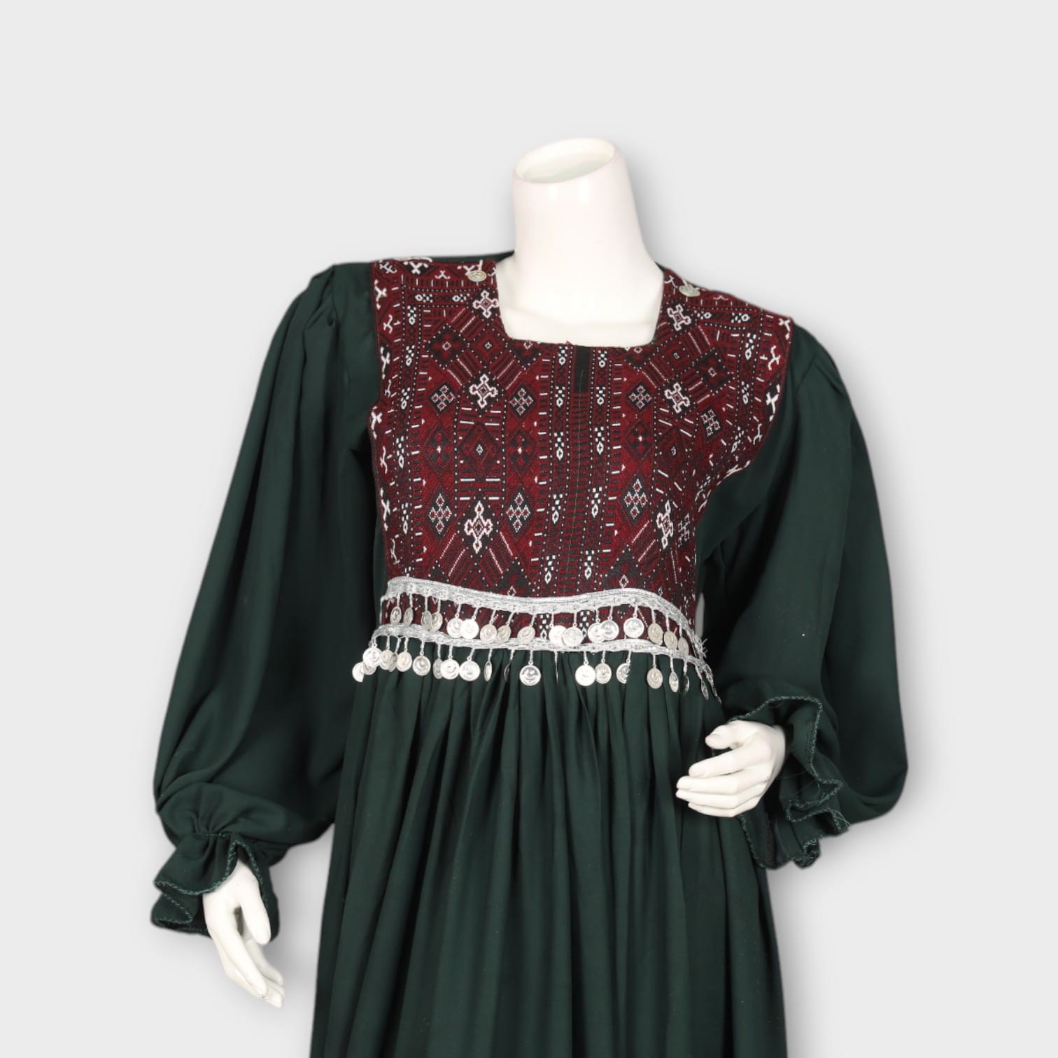 Dark Green Traditional Afghan Dress with Maroon Embroidered Bodice