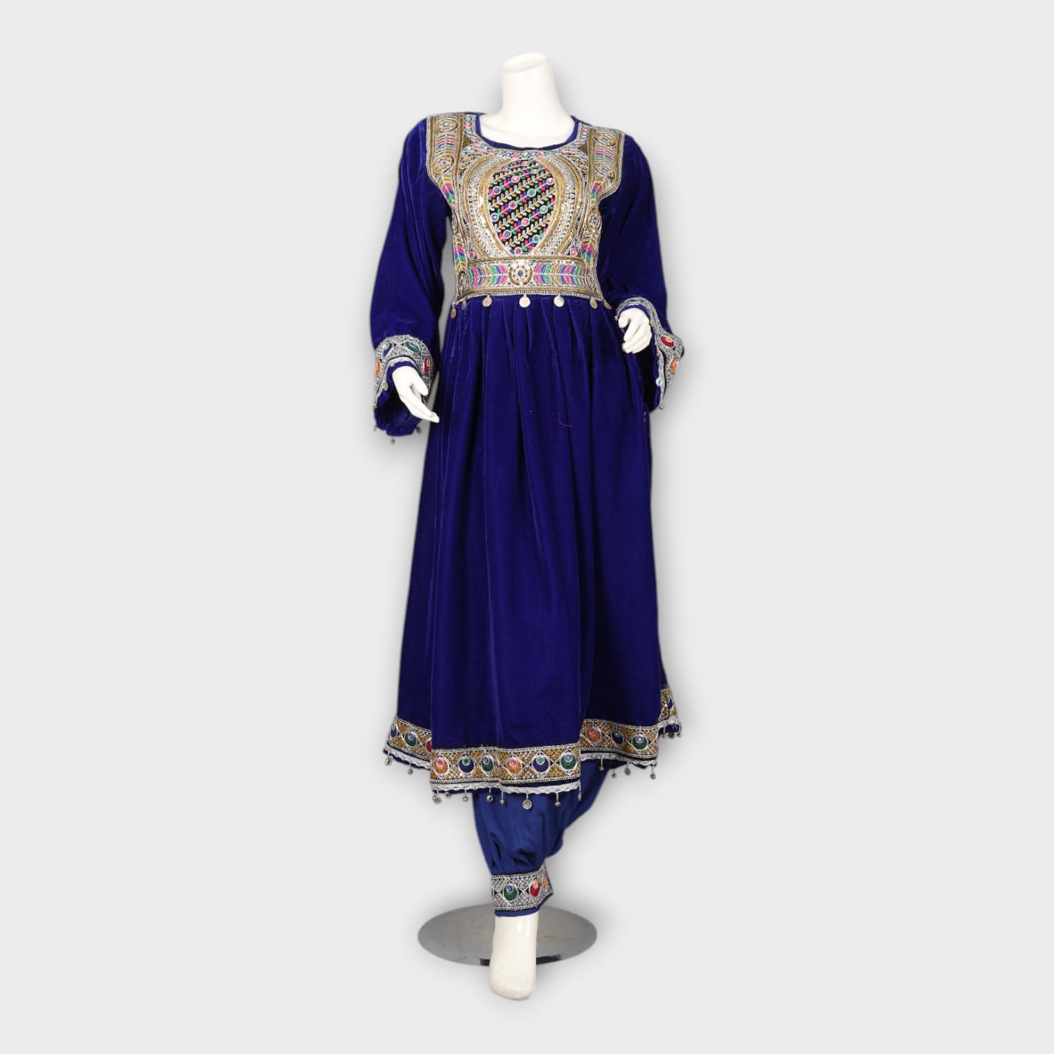 Royal Blue Velvet Afghan Dress with Traditional Embroidery and Trousers