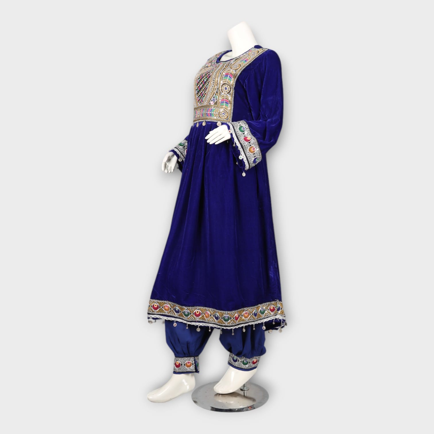 Royal Blue Velvet Afghan Dress with Traditional Embroidery and Trousers