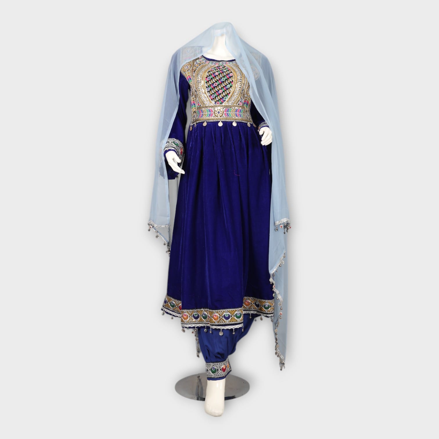 Royal Blue Velvet Afghan Dress with Traditional Embroidery and Trousers