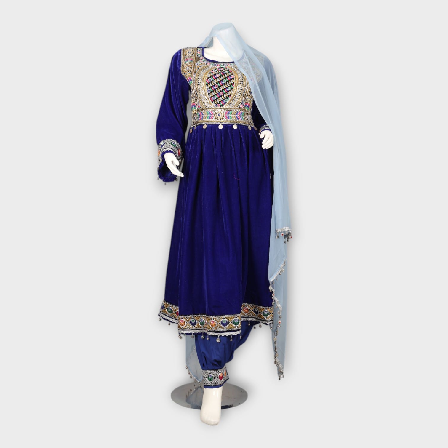 Royal Blue Velvet Afghan Dress with Traditional Embroidery and Trousers