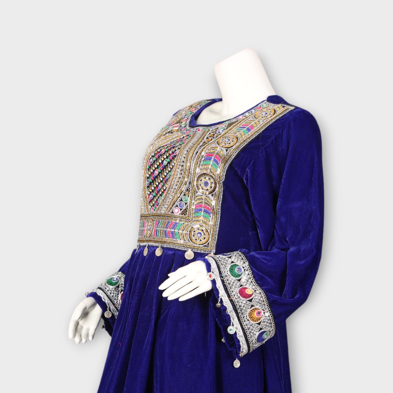 Royal Blue Velvet Afghan Dress with Traditional Embroidery and Trousers