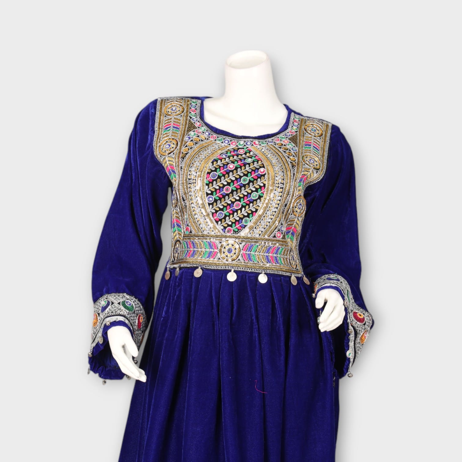 Royal Blue Velvet Afghan Dress with Traditional Embroidery and Trousers