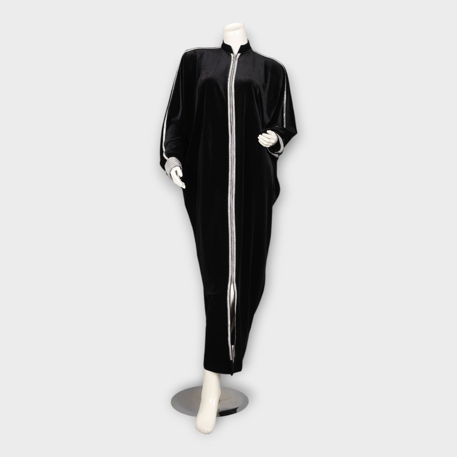 Black Velvet Abaya with Silver Embellished Trim