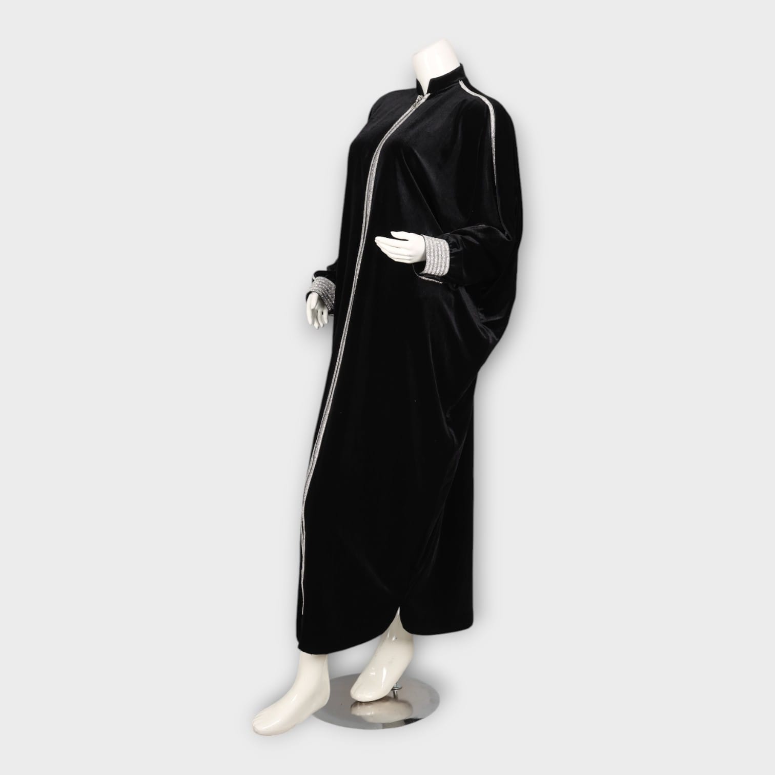 Black Velvet Abaya with Silver Embellished Trim