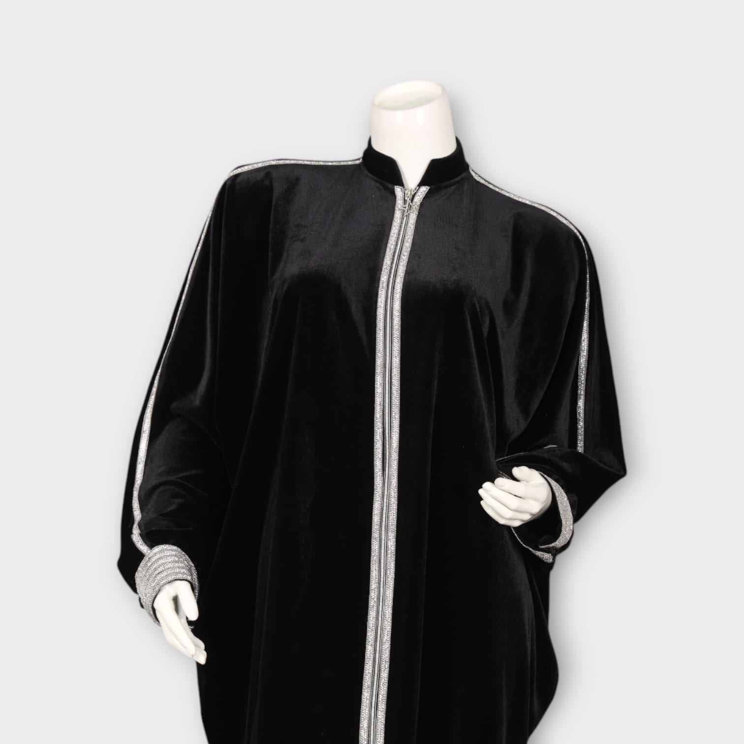 Black Velvet Abaya with Silver Embellished Trim