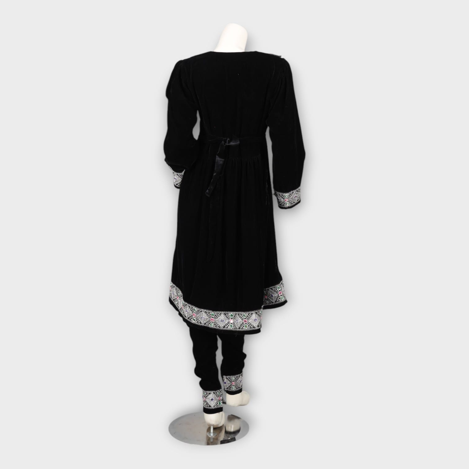 Black Velvet Afghan Dress with White Embroidery