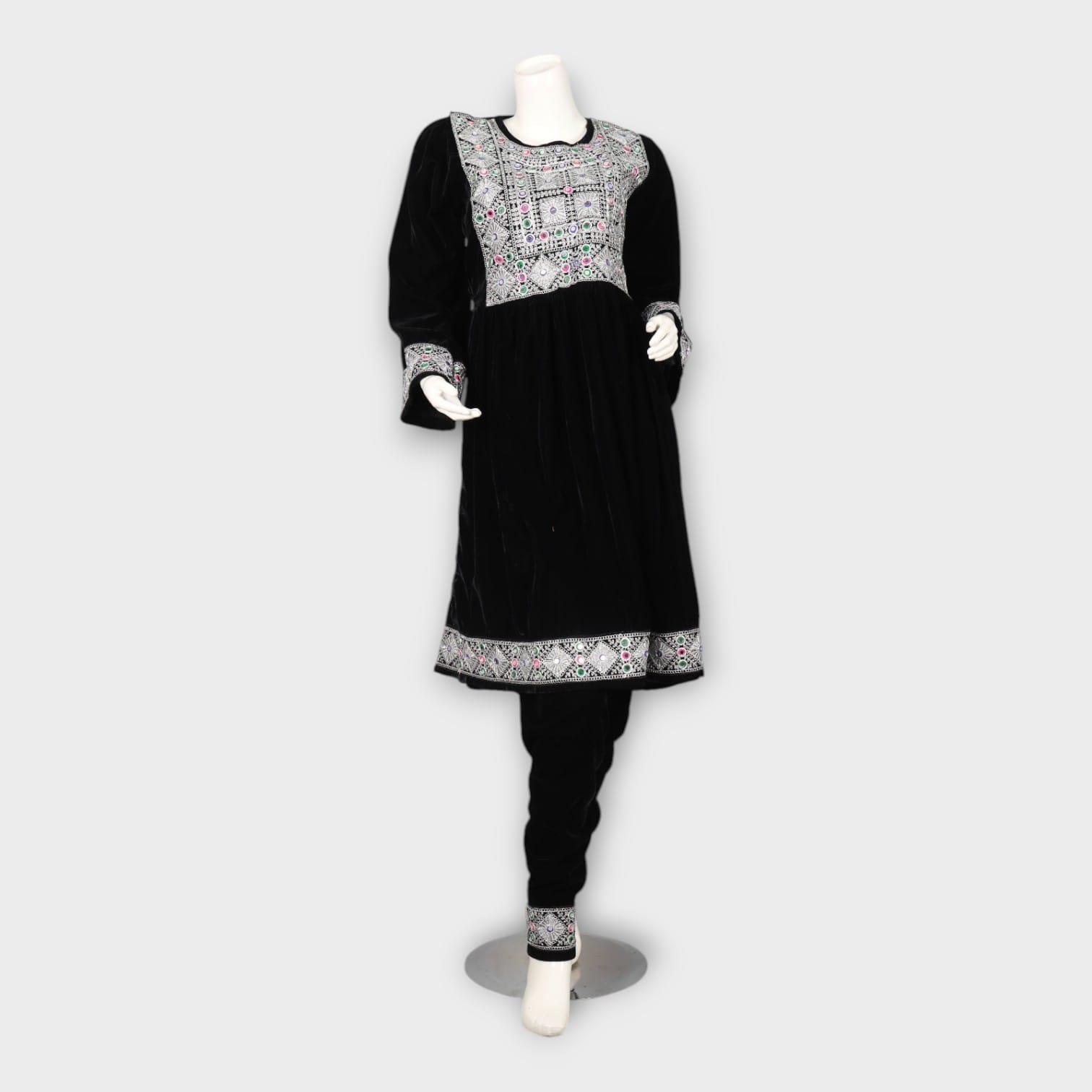 Black Velvet Afghan Dress with White Embroidery