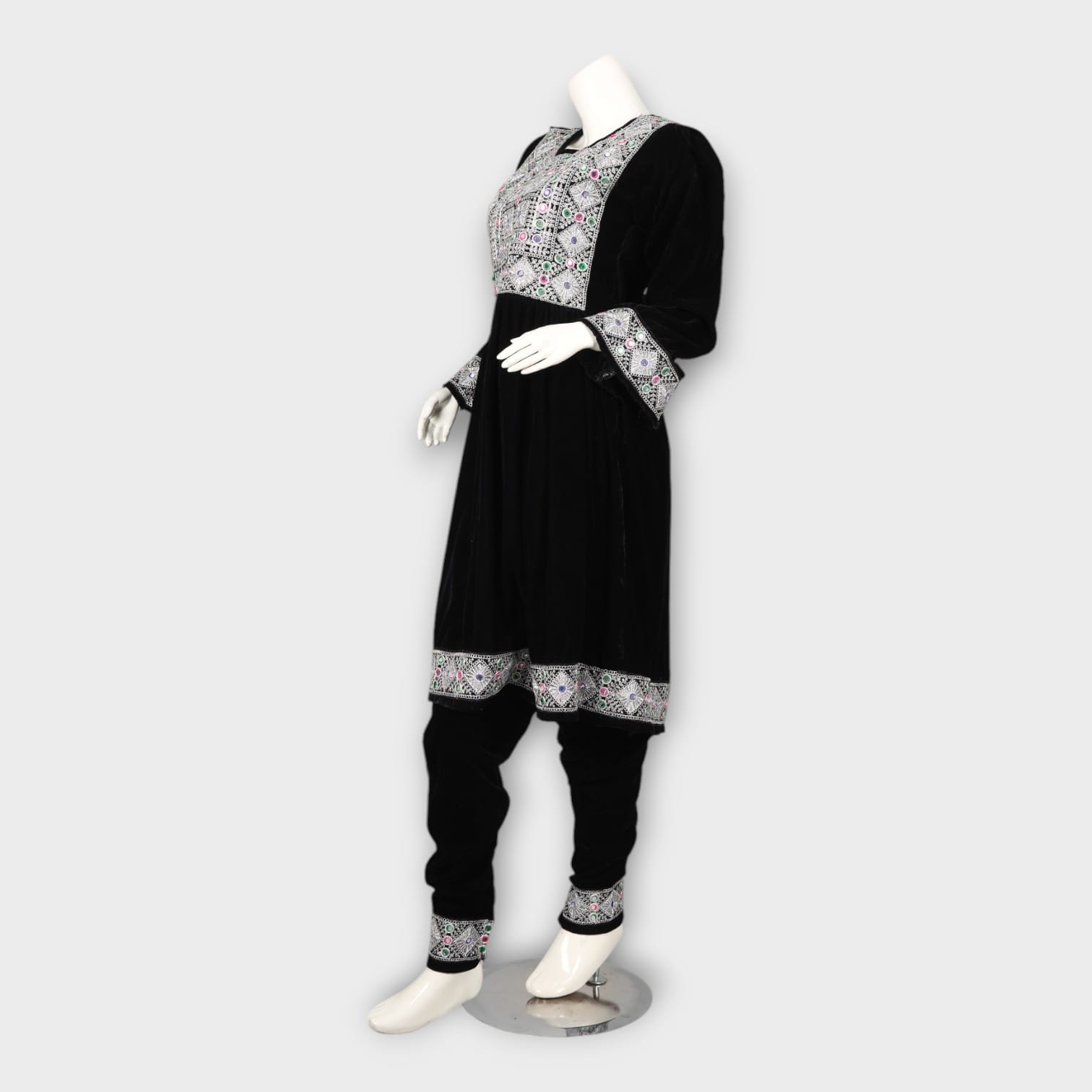 Black Velvet Afghan Dress with White Embroidery