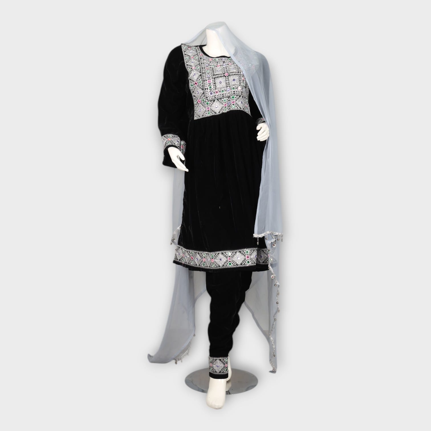 Black Velvet Afghan Dress with White Embroidery