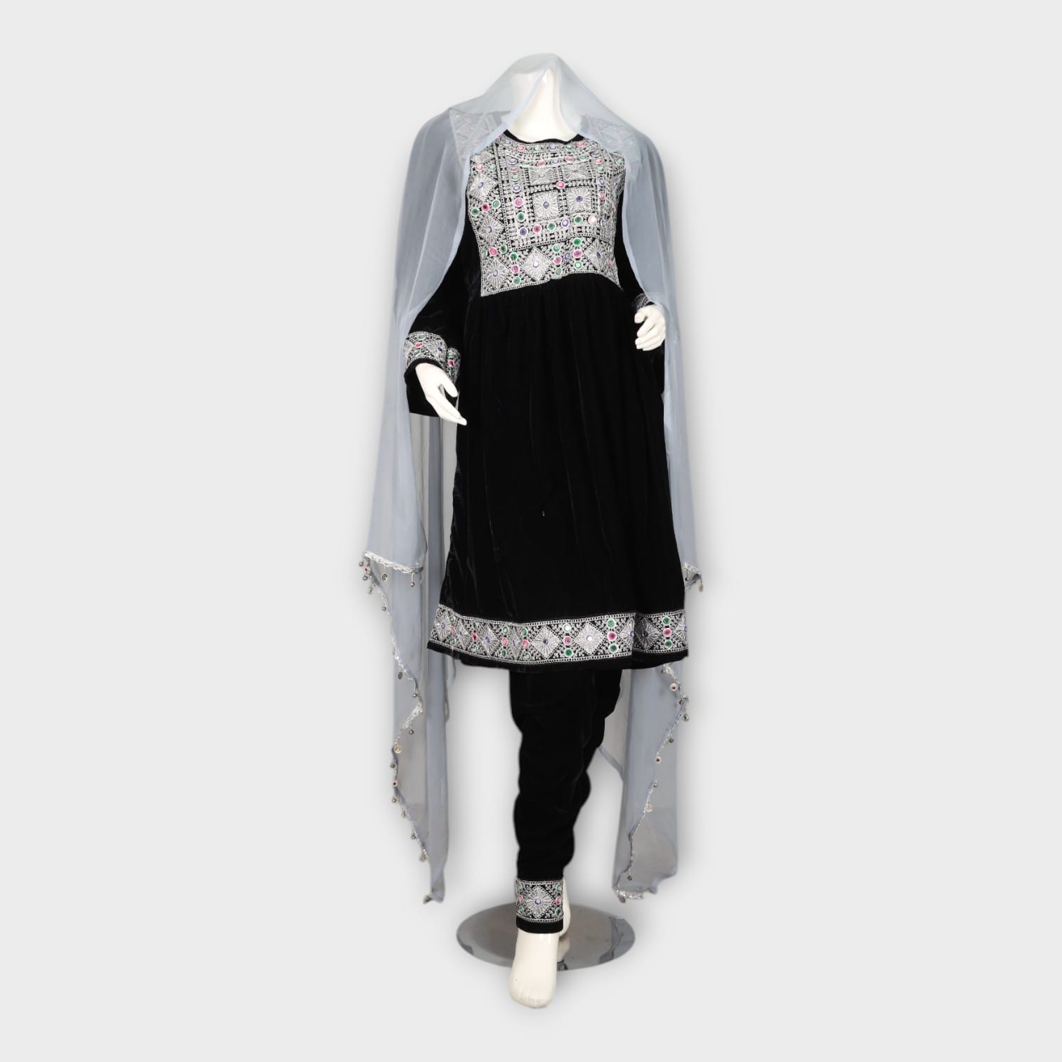 Black Velvet Afghan Dress with White Embroidery