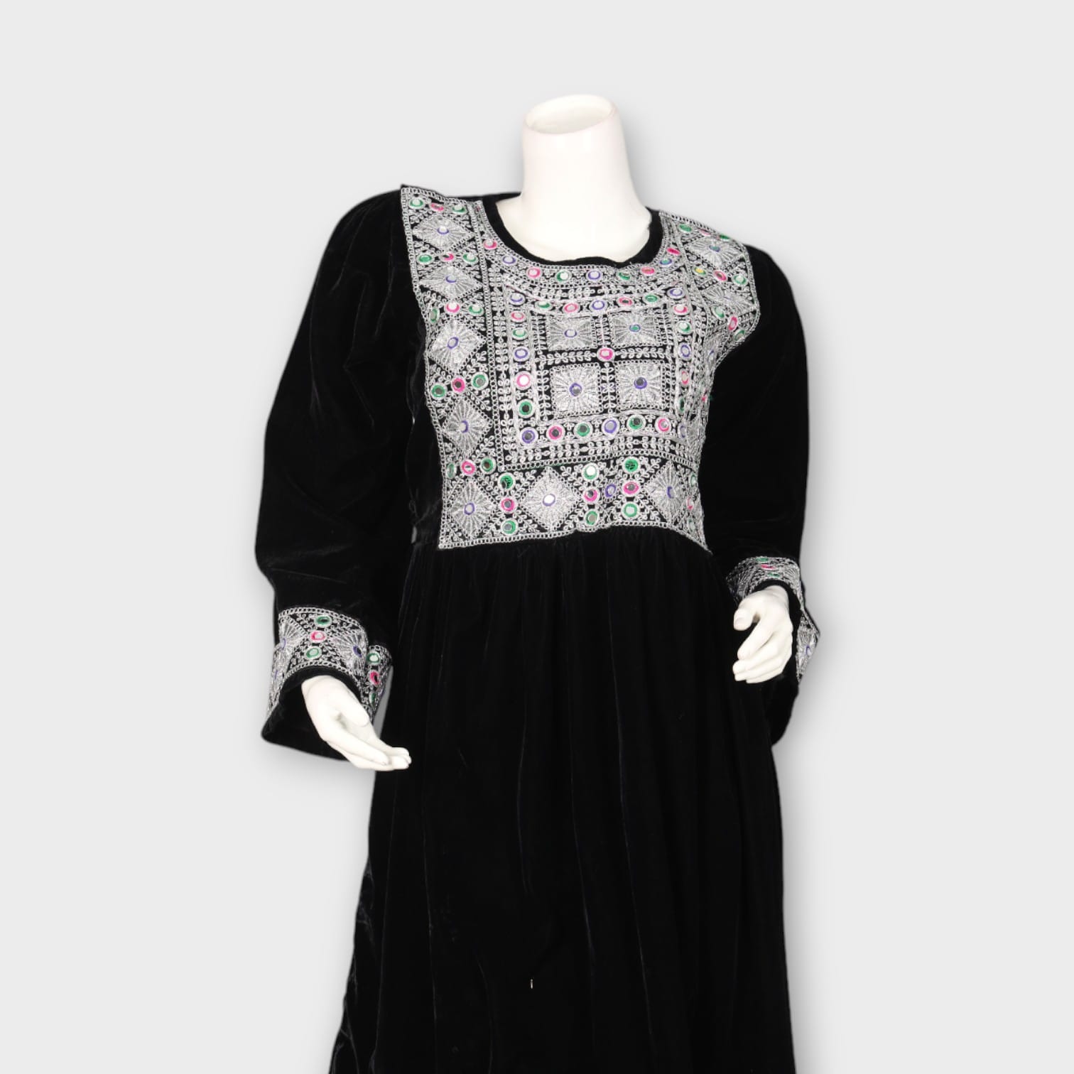 Black Velvet Afghan Dress with White Embroidery