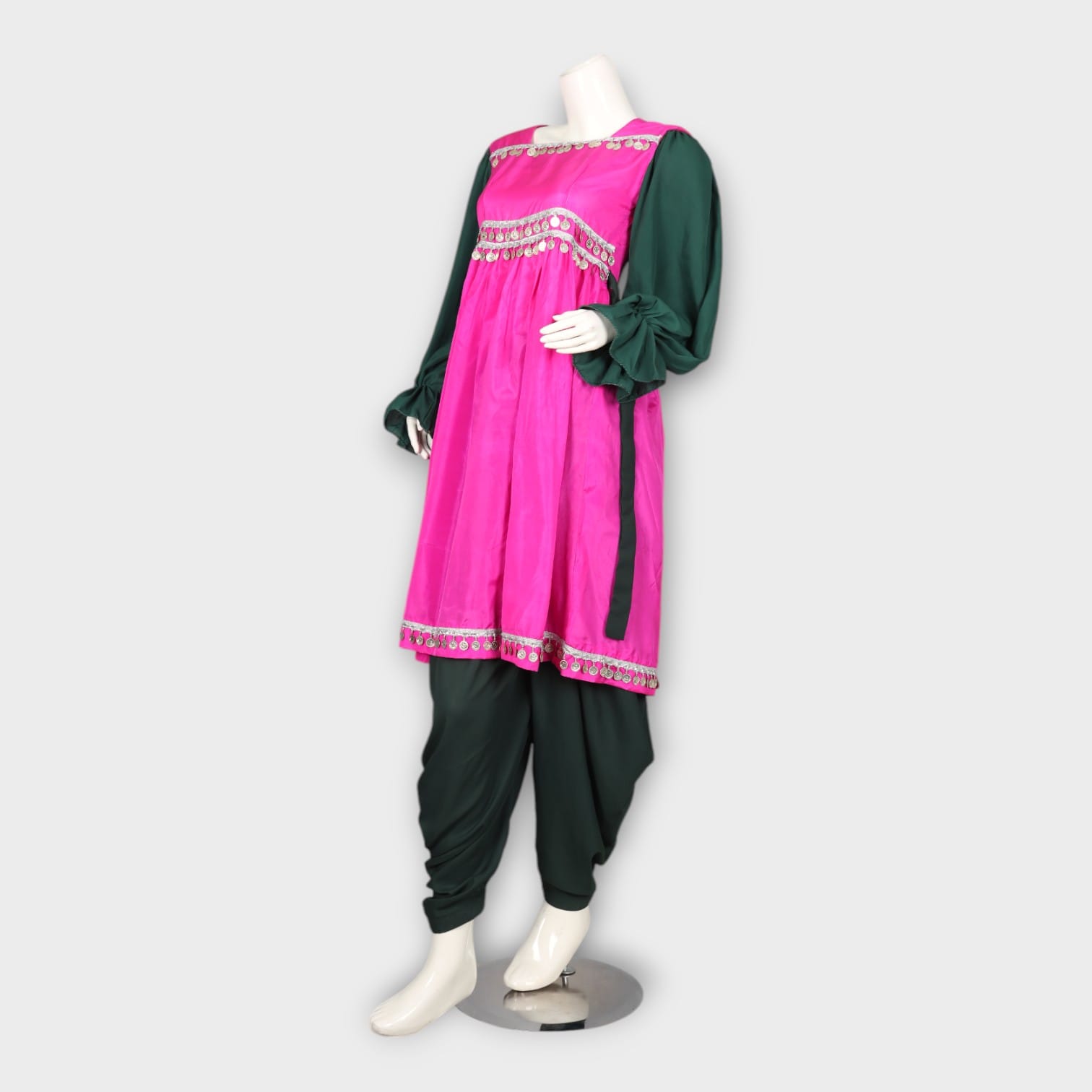Pink and Green Traditional Ghandi Afghan Frock with Coin Embellishments