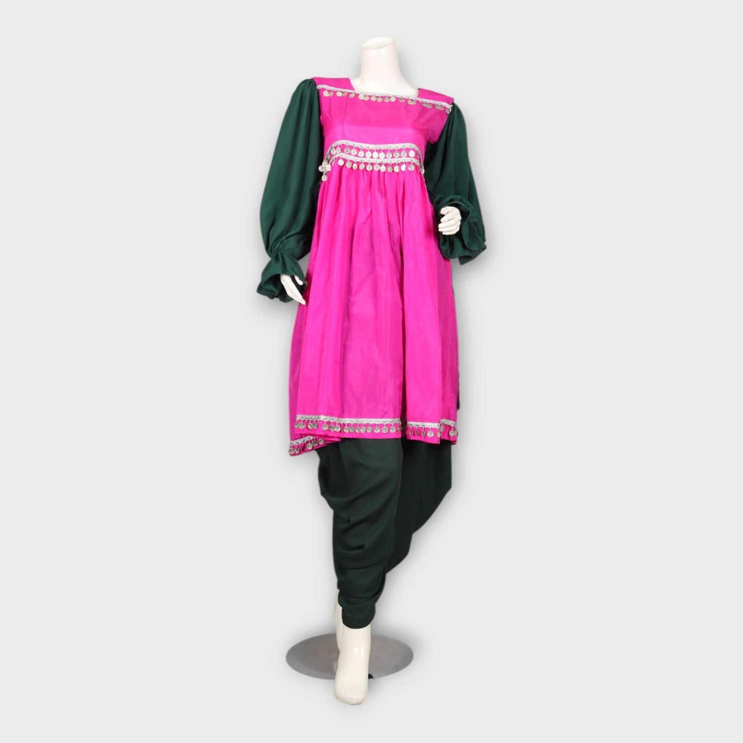Pink and Green Traditional Ghandi Afghan Frock with Coin Embellishments