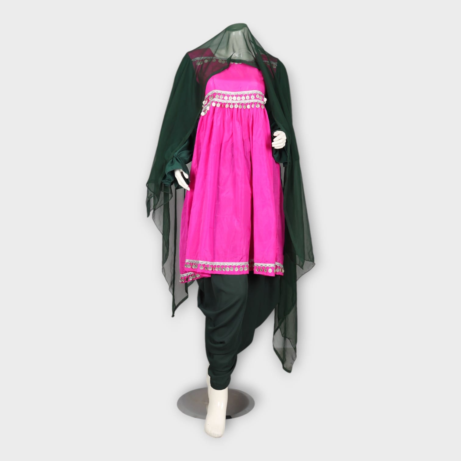 Pink and Green Traditional Ghandi Afghan Frock with Coin Embellishments