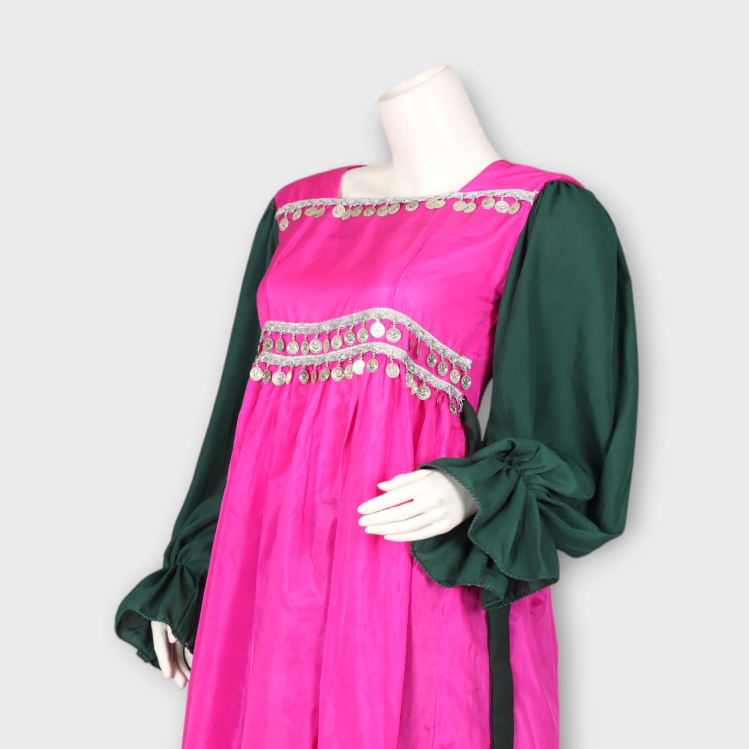Pink and Green Traditional Ghandi Afghan Frock with Coin Embellishments