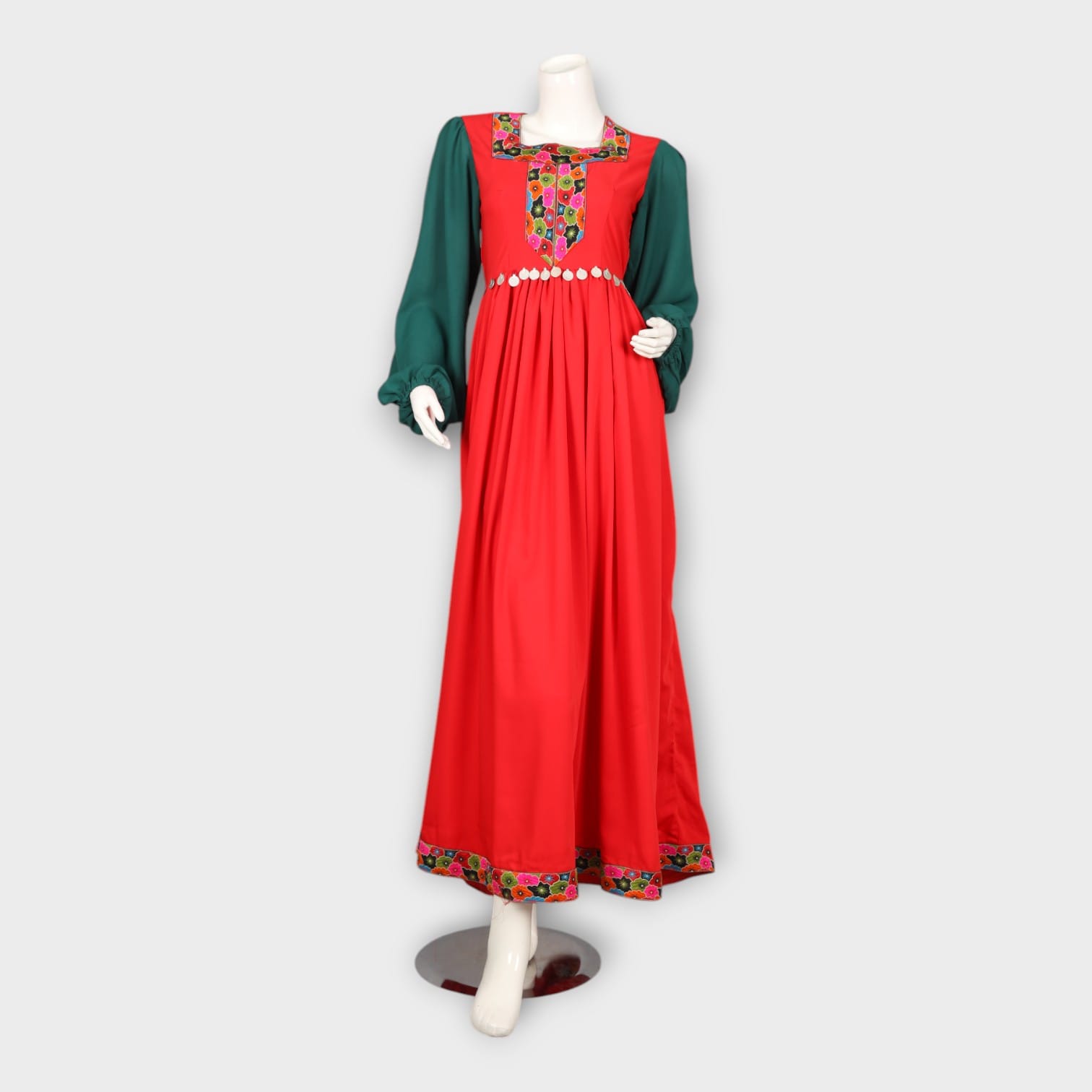 Red and Green Traditional   Dress with Embroidered Chest Panel