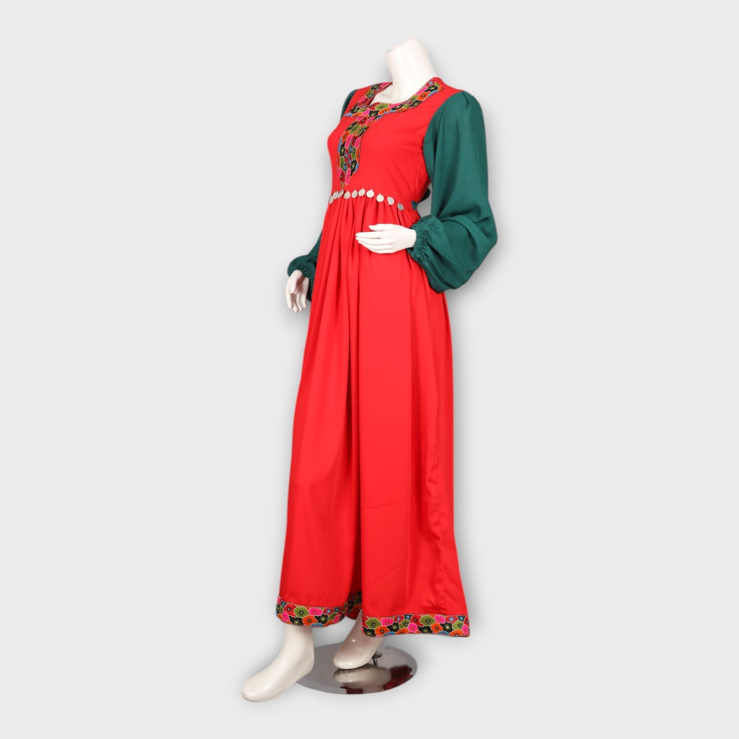 Red and Green Traditional Dress with Embroidered Chest Panel