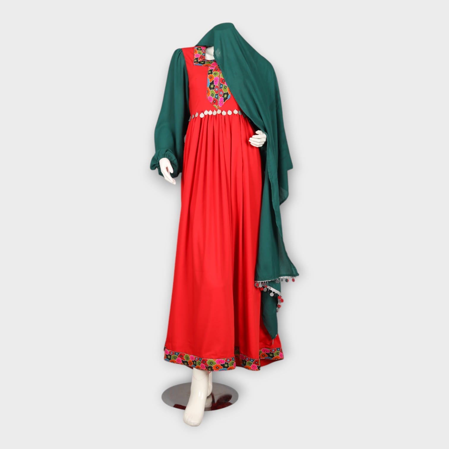 Red and Green Traditional   Dress with Embroidered Chest Panel