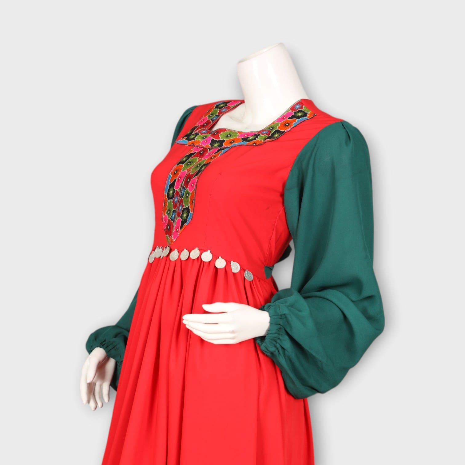 Red and Green Traditional   Dress with Embroidered Chest Panel