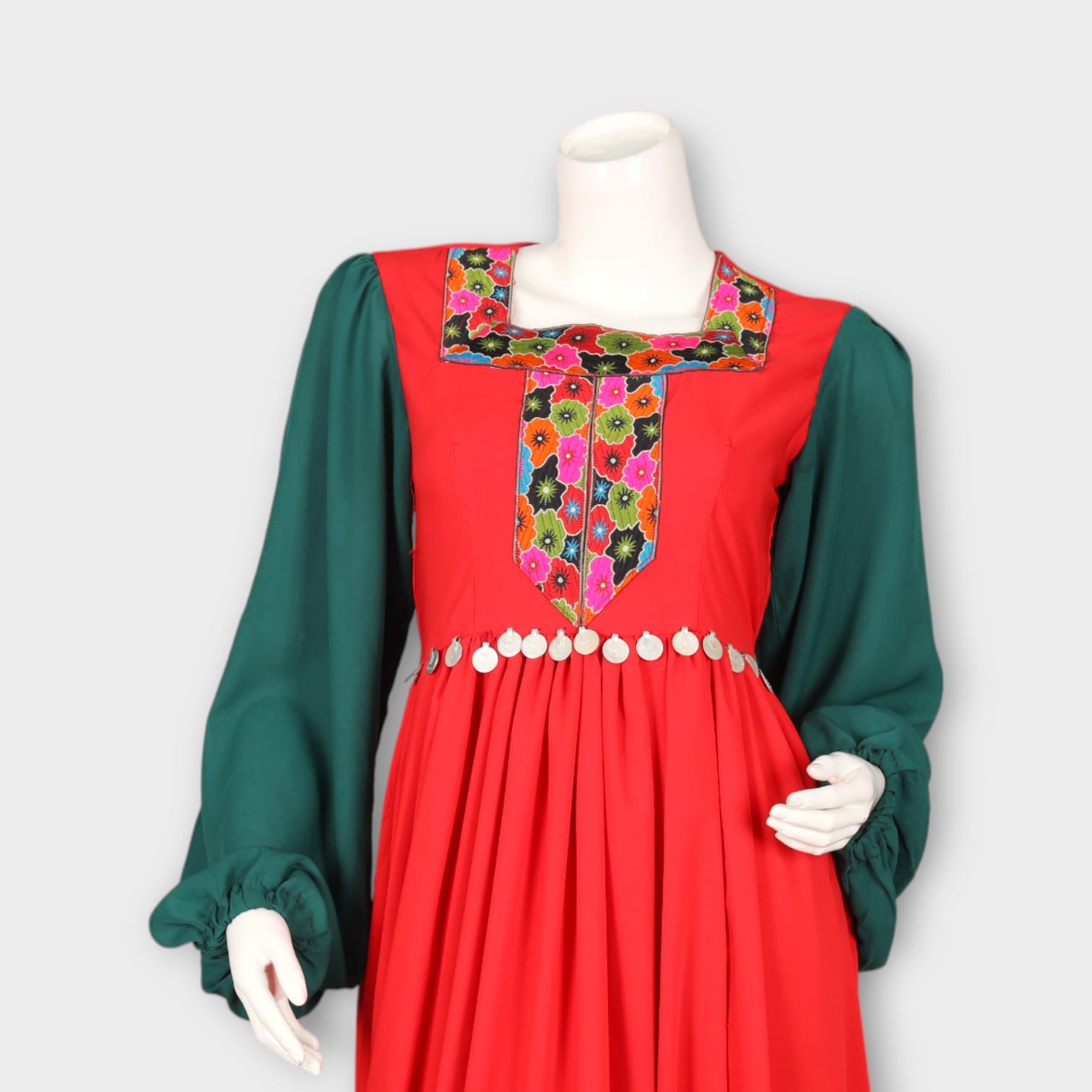 Red and Green Traditional Dress with Embroidered Chest Panel