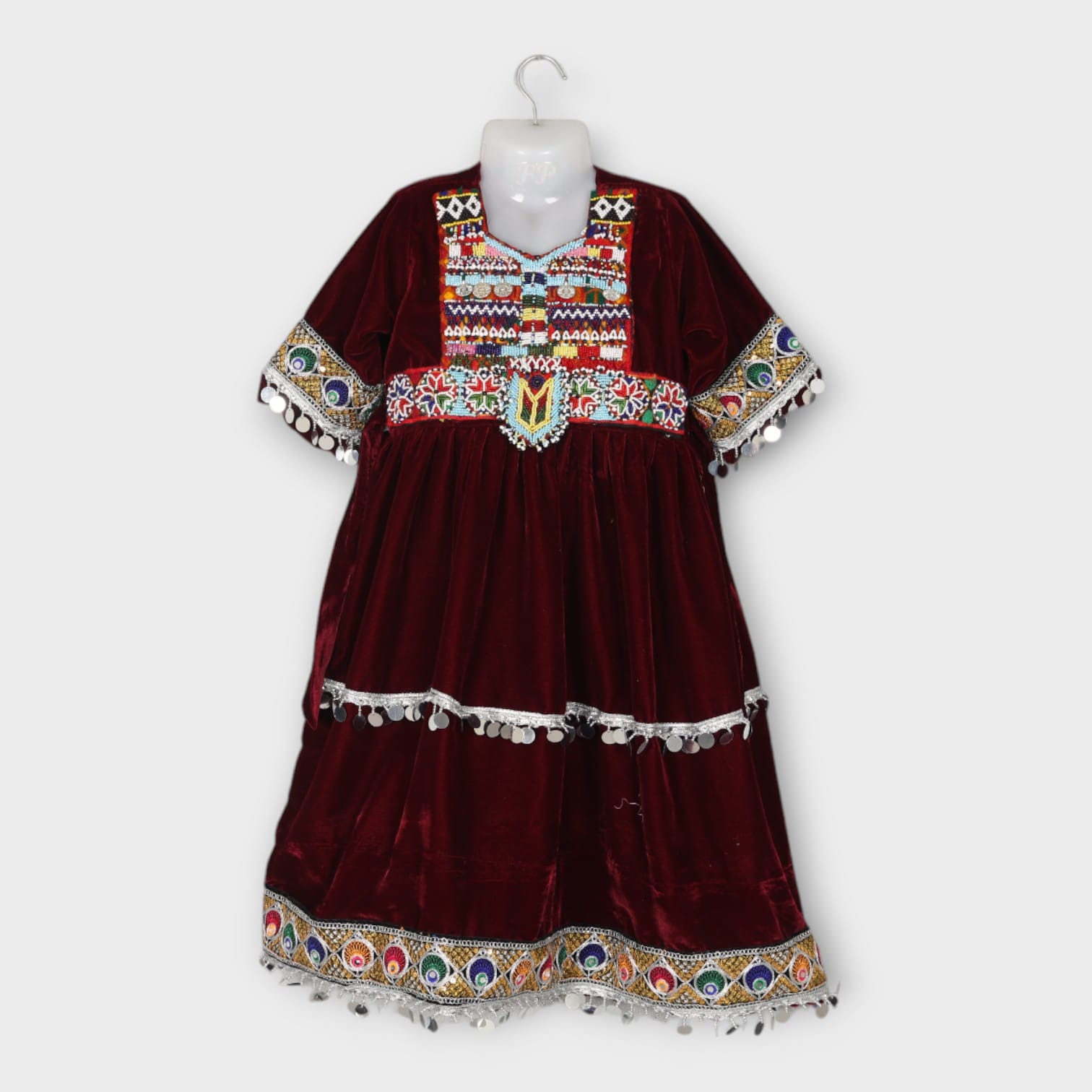 Maroon Velvet Baby Dress with Traditional Embroidery and Mirror Work
