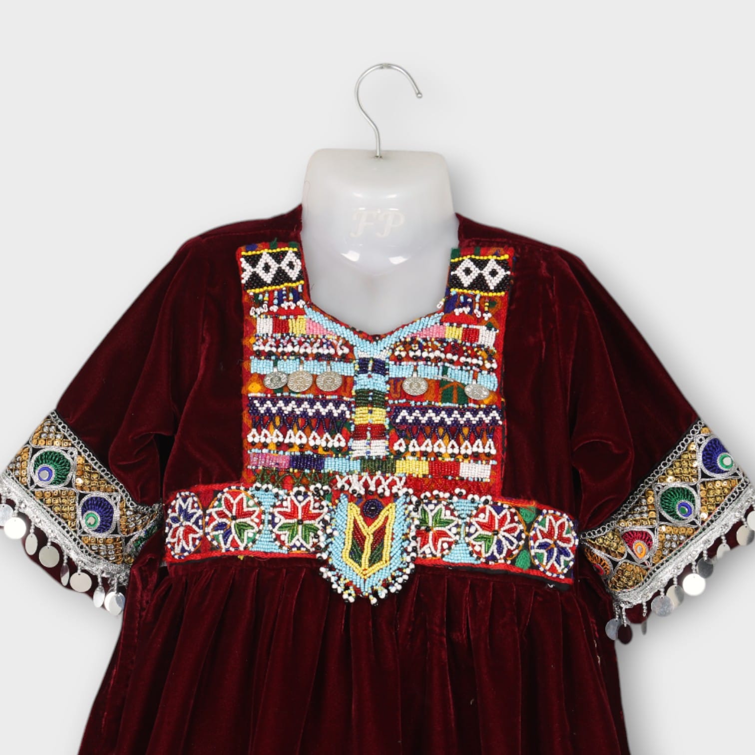 Maroon Velvet Baby Dress with Traditional Embroidery and Mirror Work