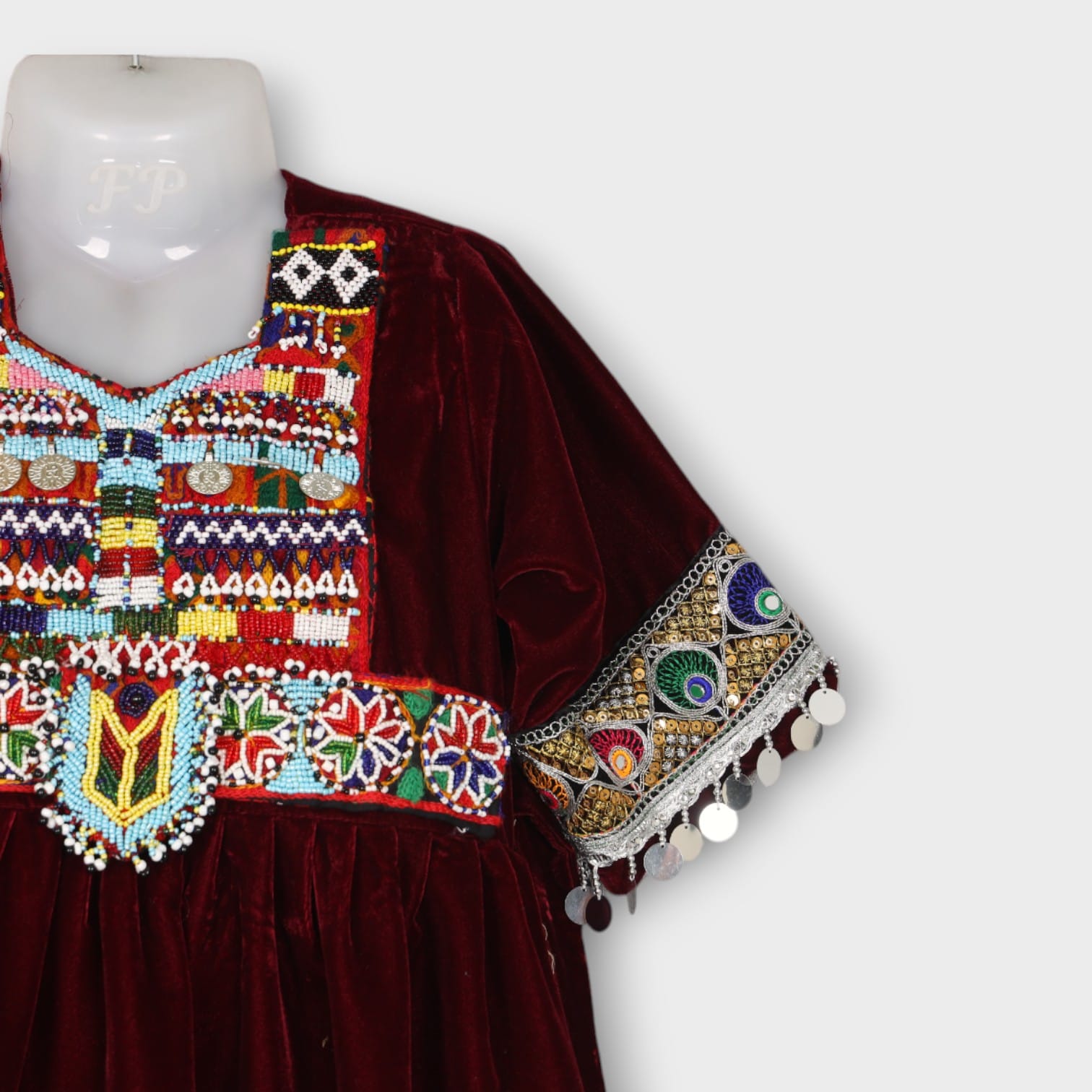 Maroon Velvet Baby Dress with Traditional Embroidery and Mirror Work