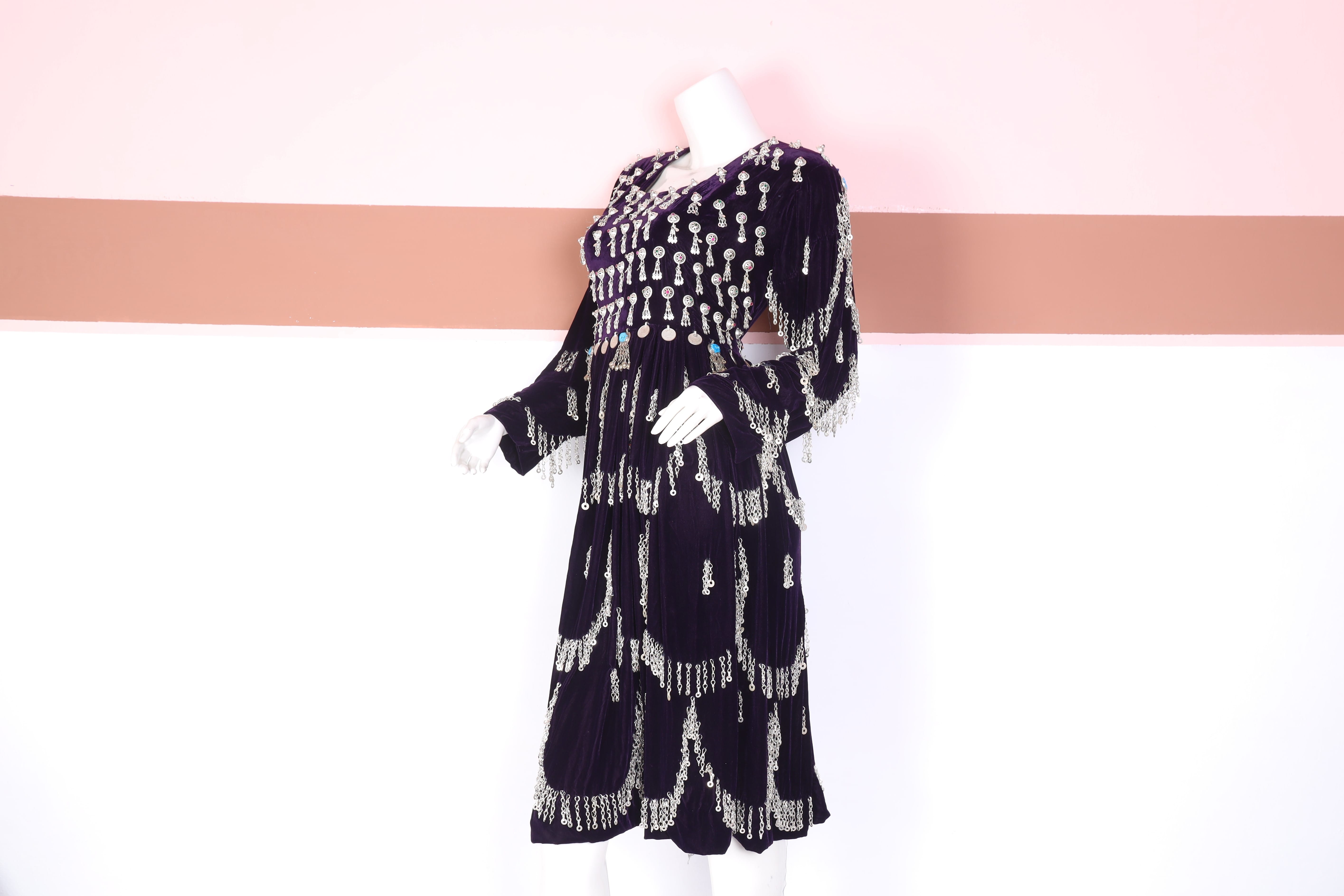 Deep Purple Velvet Traditional Dress with Silver Coin Work