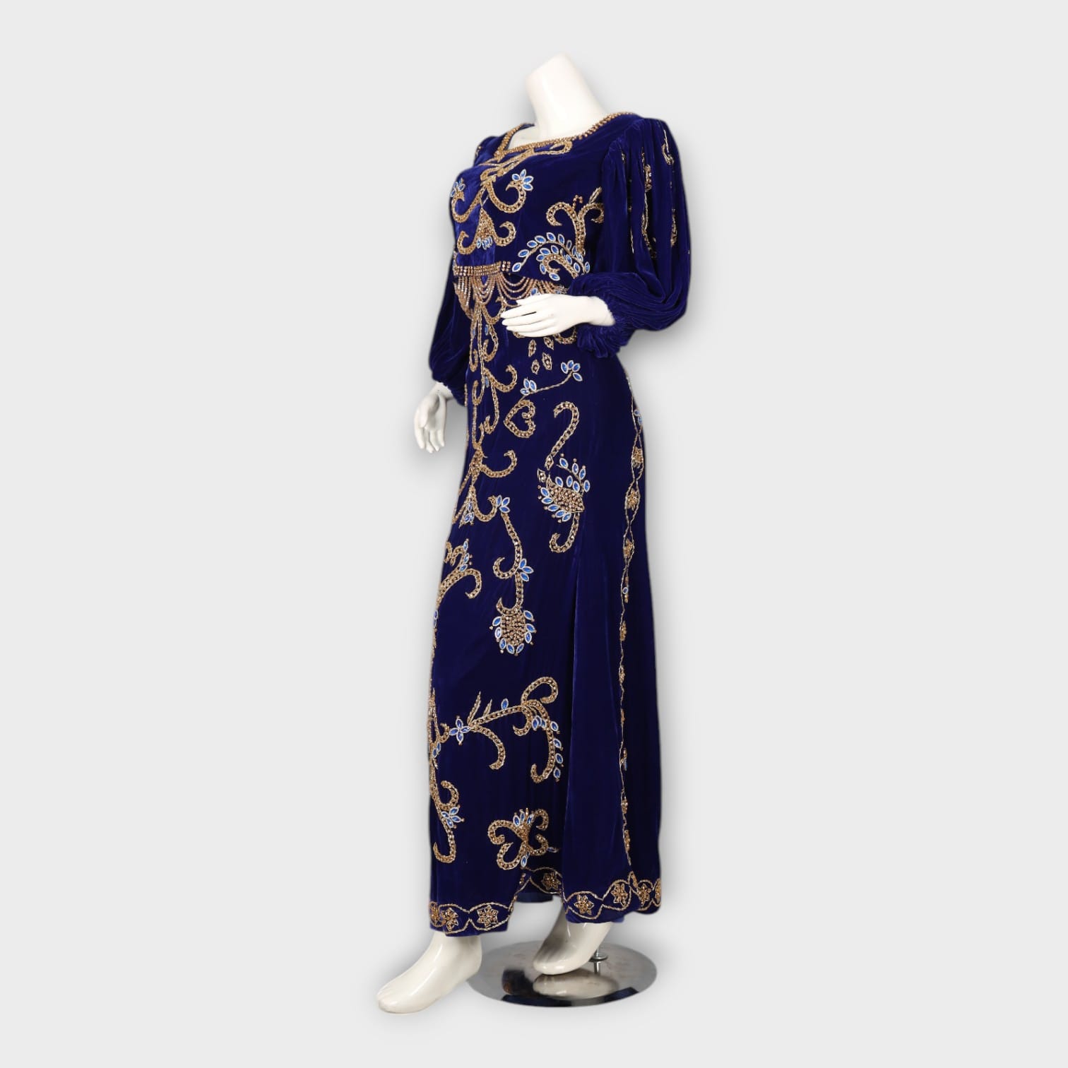 Royal Blue Velvet Fitted Afghani Evening Dress with Gold Embroidery