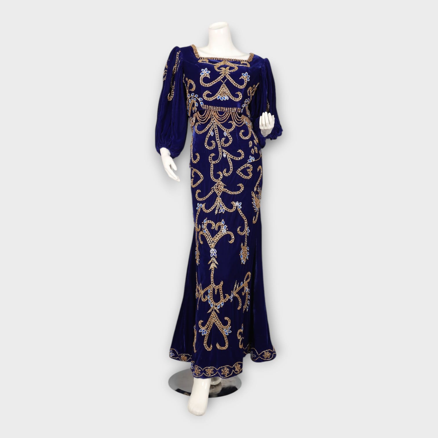 Royal Blue Velvet Fitted Afghani Evening Dress with Gold Embroidery