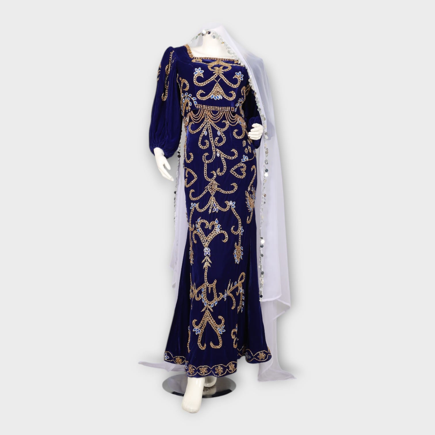 Royal Blue Velvet Fitted Afghani Evening Dress with Gold Embroidery