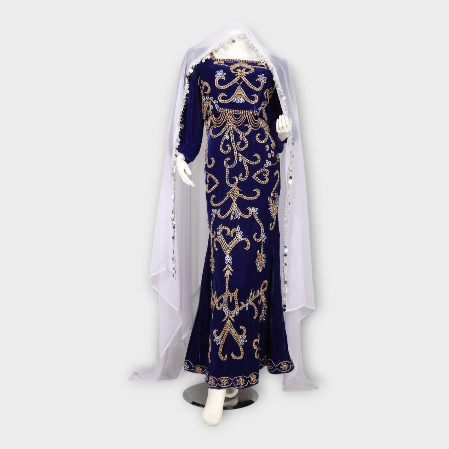 Royal Blue Velvet Fitted Afghani Evening Dress with Gold Embroidery
