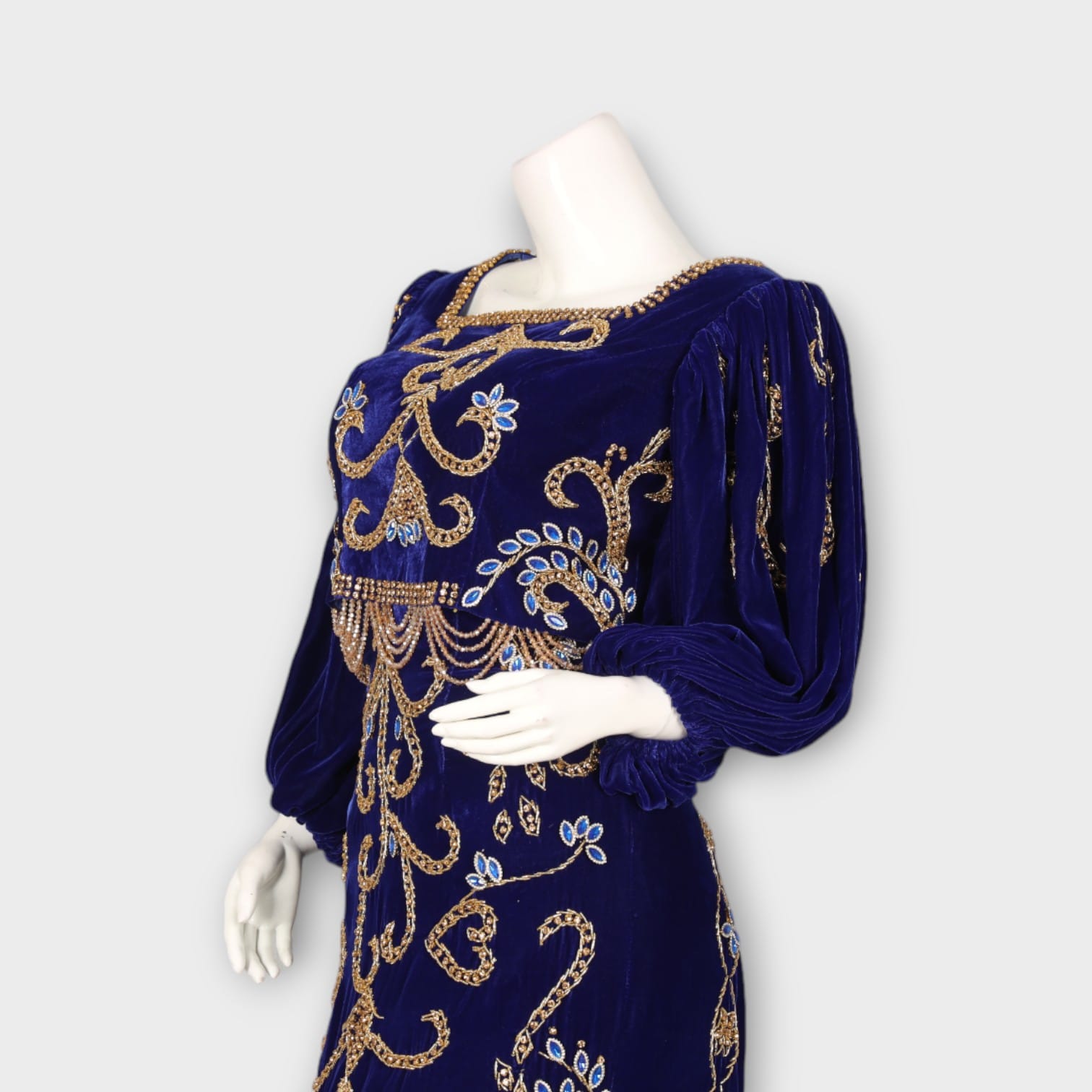 Royal Blue Velvet Fitted Afghani Evening Dress with Gold Embroidery