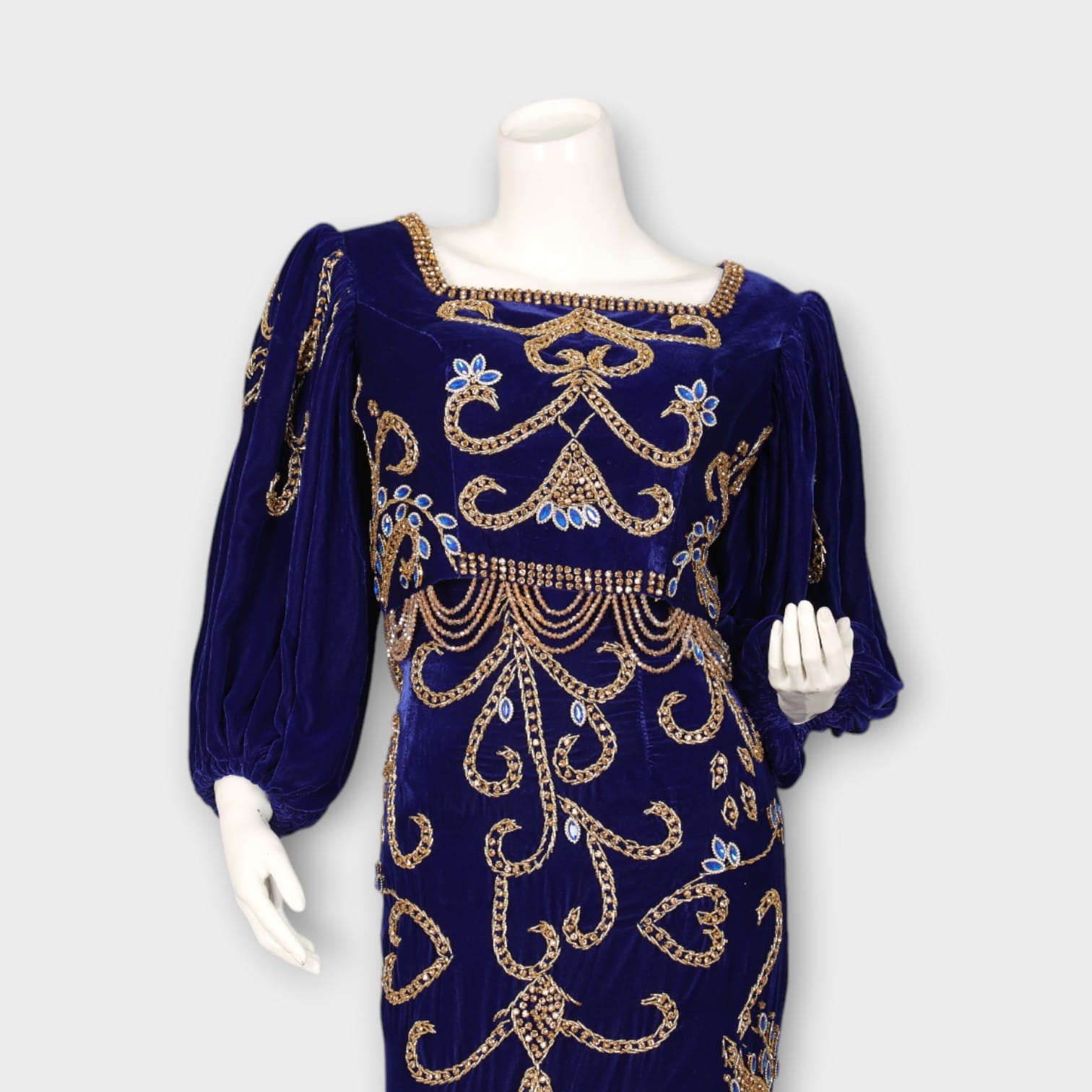 Royal Blue Velvet Fitted Afghani Evening Dress with Gold Embroidery