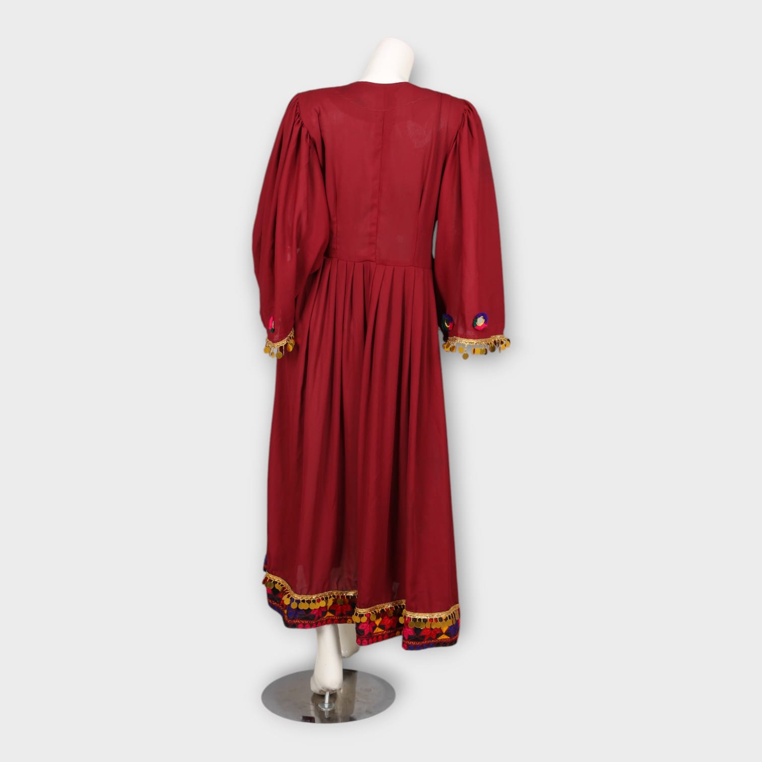 Maroon Traditional Afghani Dress with Colorful Embroidered Chest and Hem