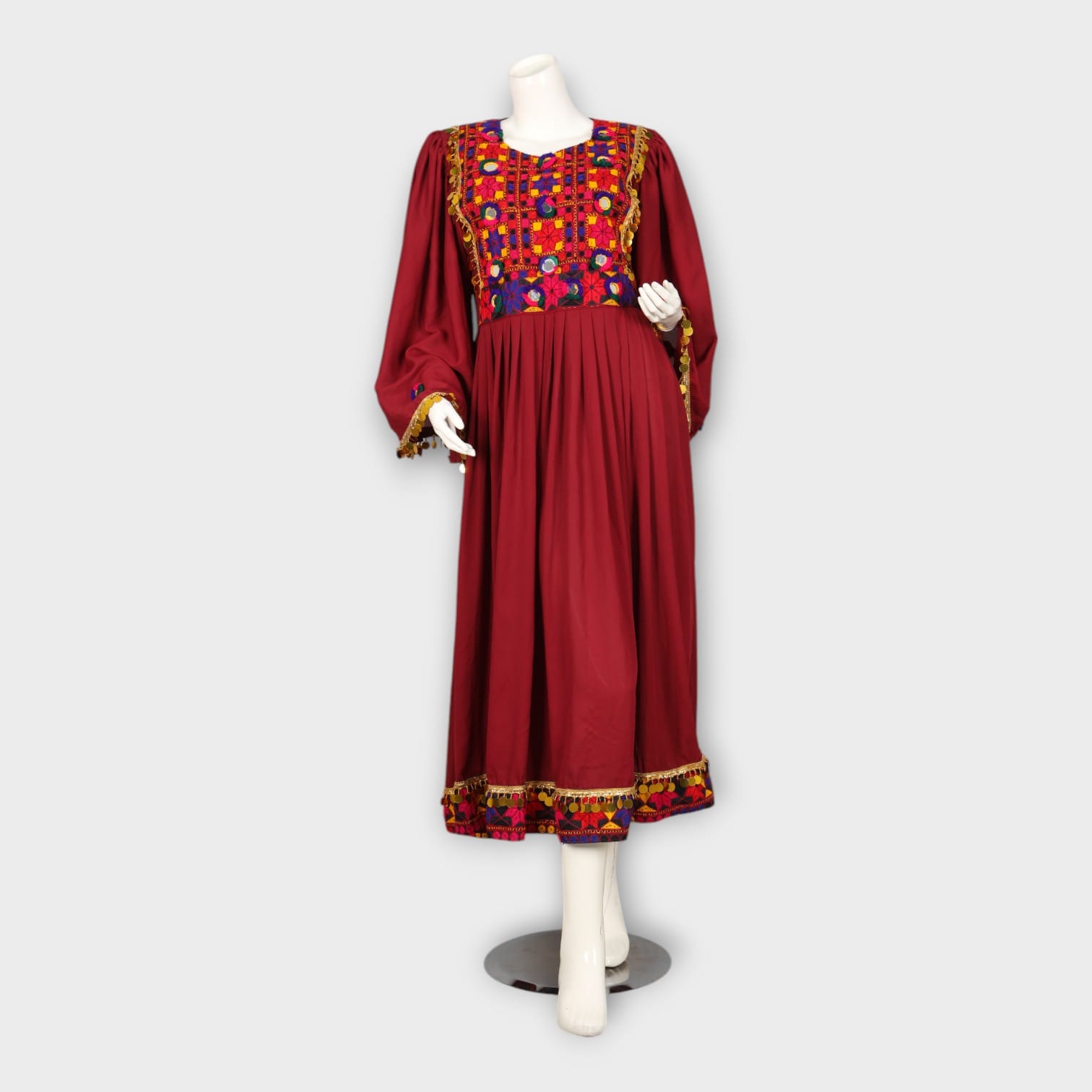 Maroon Traditional Afghani Dress with Colorful Embroidered Chest and Hem