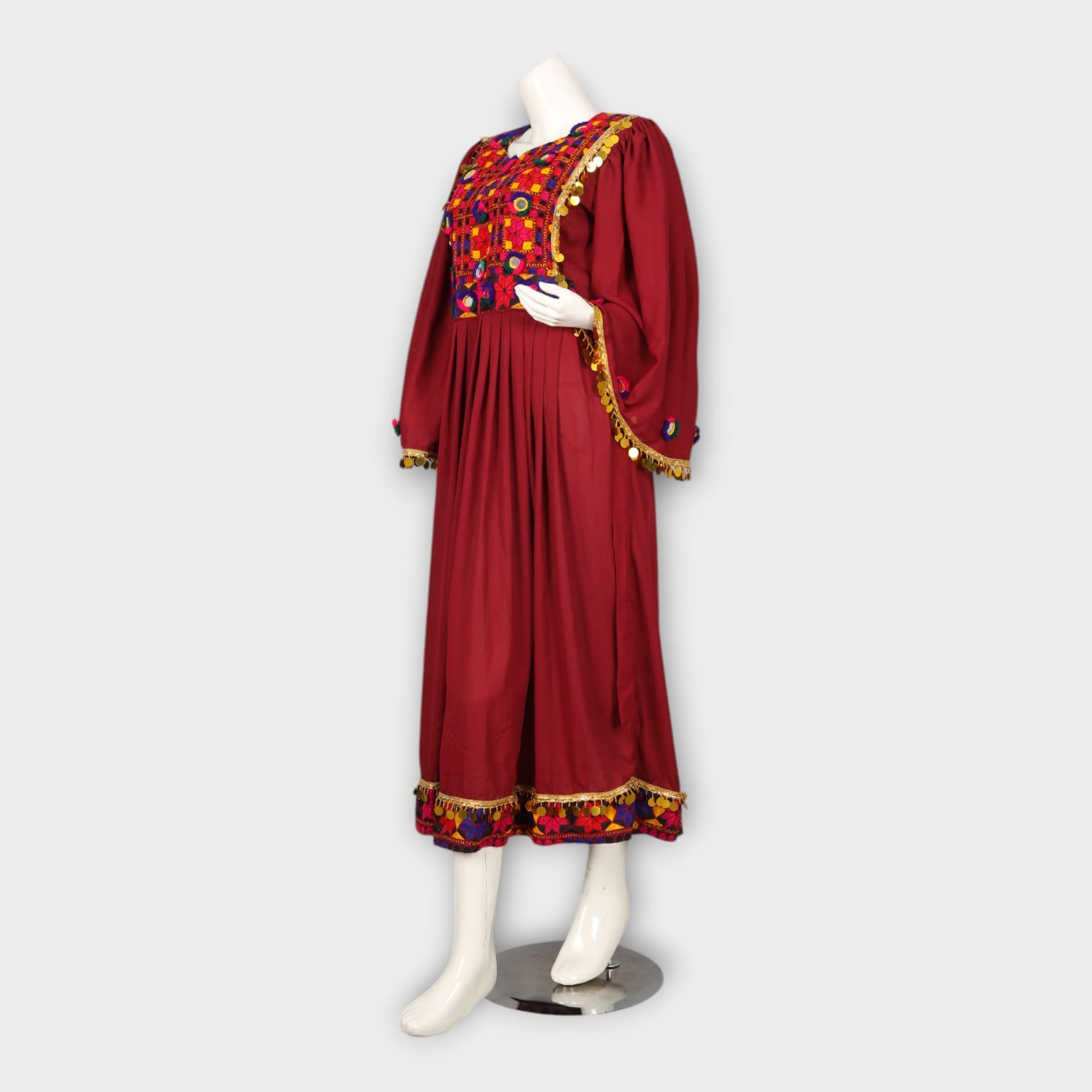 Maroon Traditional Afghani Dress with Colorful Embroidered Chest and Hem