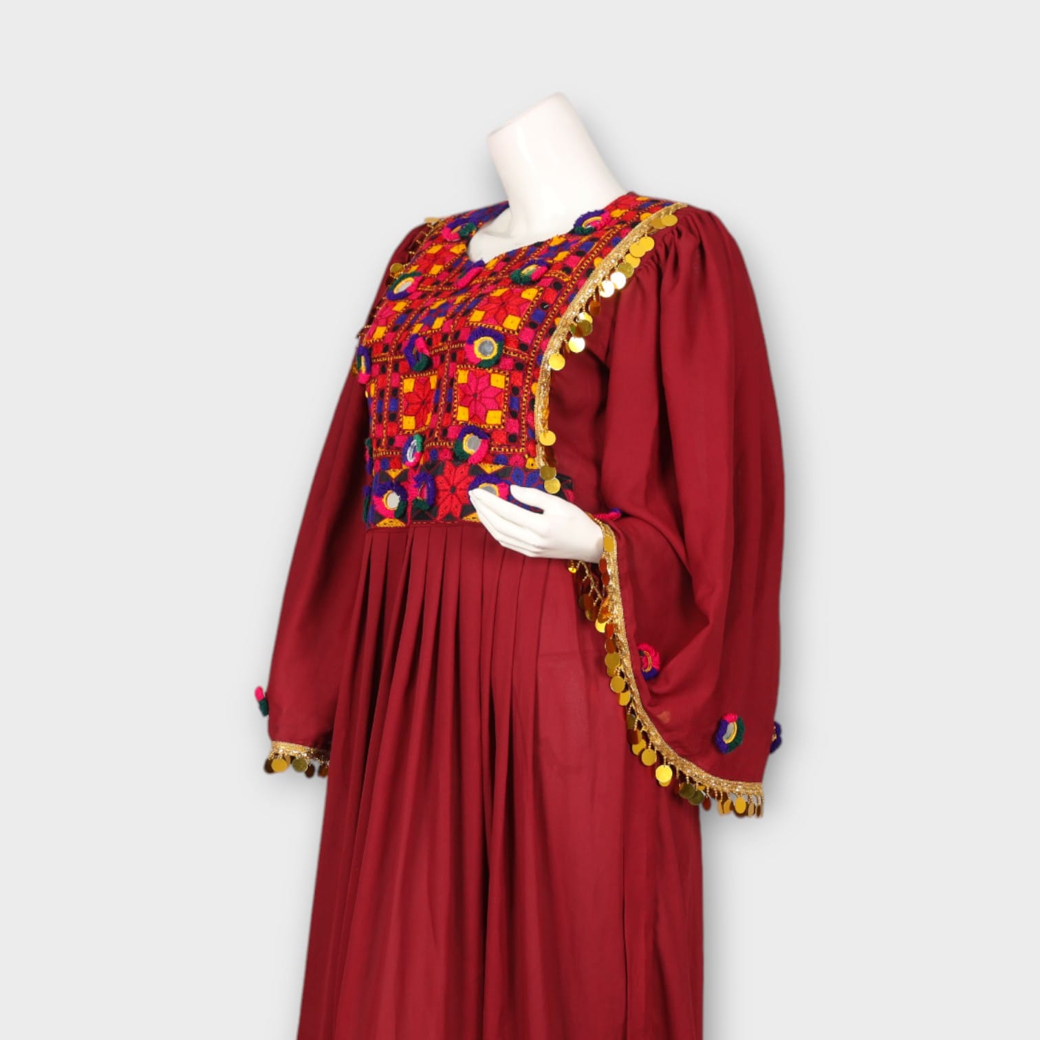Maroon Traditional Afghani Dress with Colorful Embroidered Chest and Hem