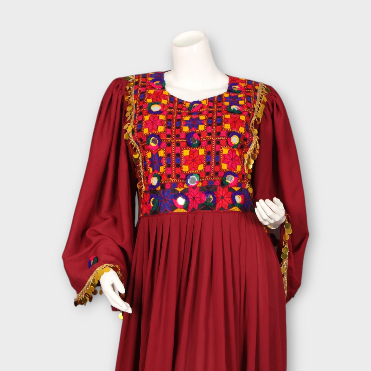 Maroon Traditional Afghani Dress with Colorful Embroidered Chest and Hem