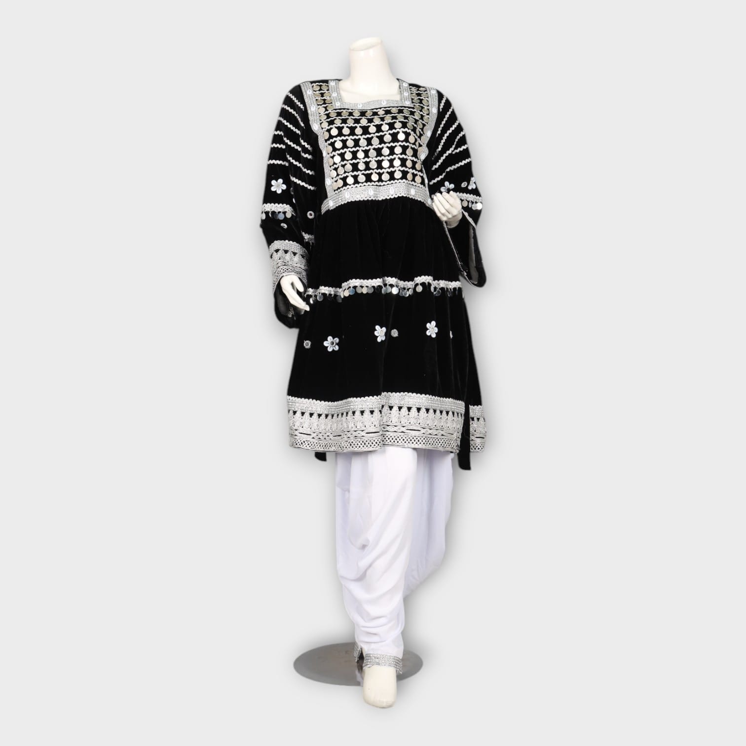 Black and White Traditional Afghani Dress with White Embroidery and Shalwar