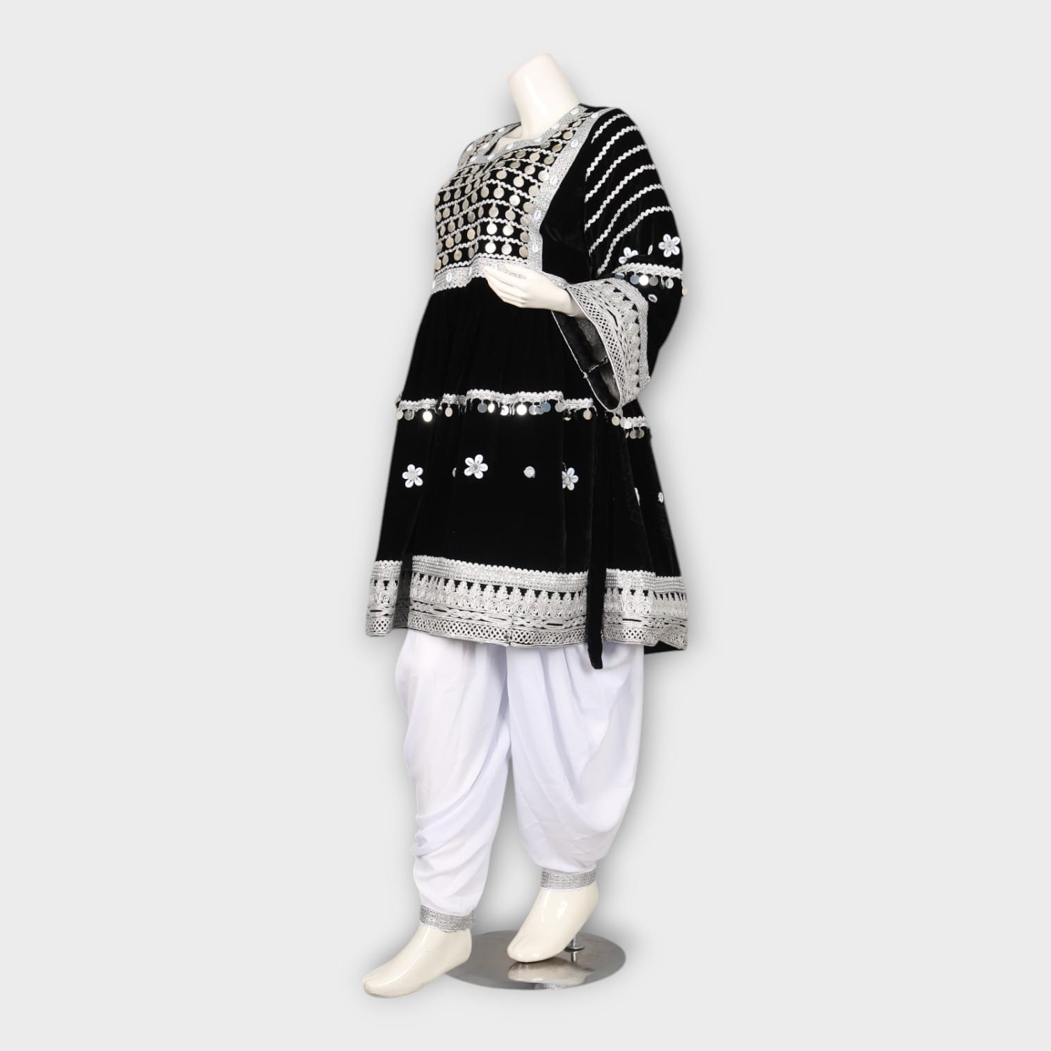 Black and White Traditional Afghani Dress with White Embroidery and Shalwar