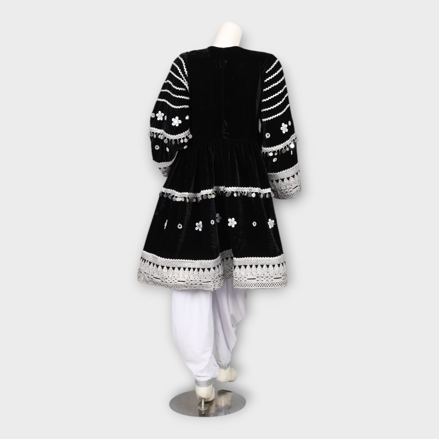 Black and White Traditional Afghani Dress with White Embroidery and Shalwar