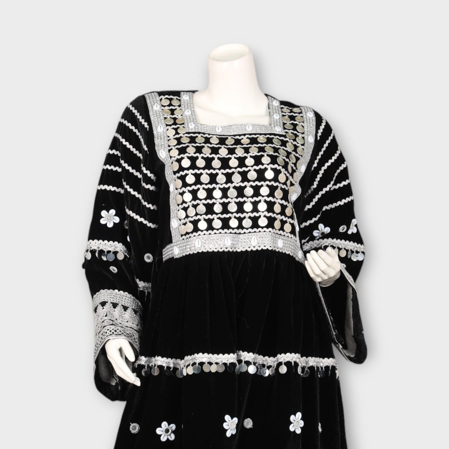 Black and White Traditional Afghani Dress with White Embroidery and Shalwar