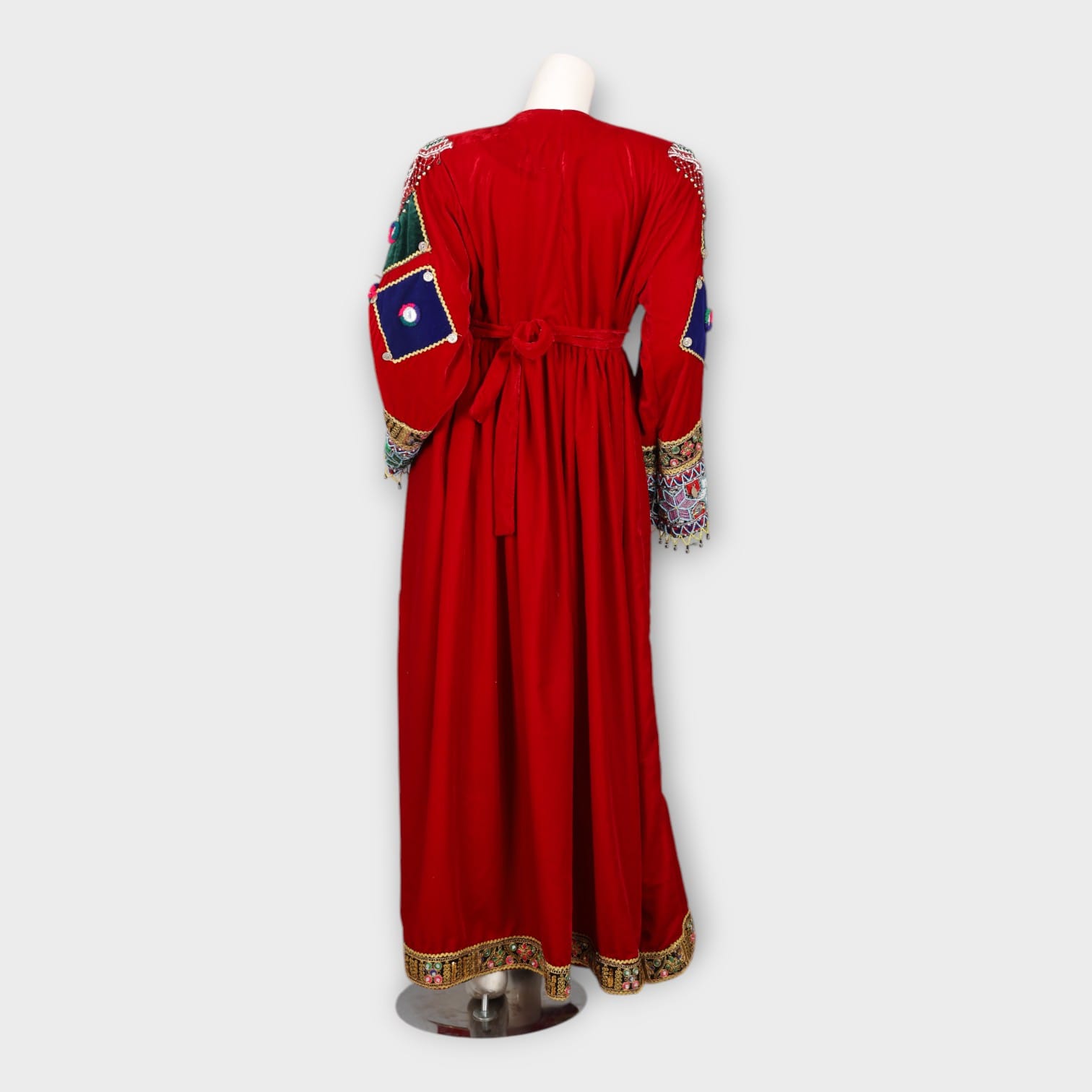 Red Traditional Afghani Dress with Multicolor Embroidery and Mirror Work